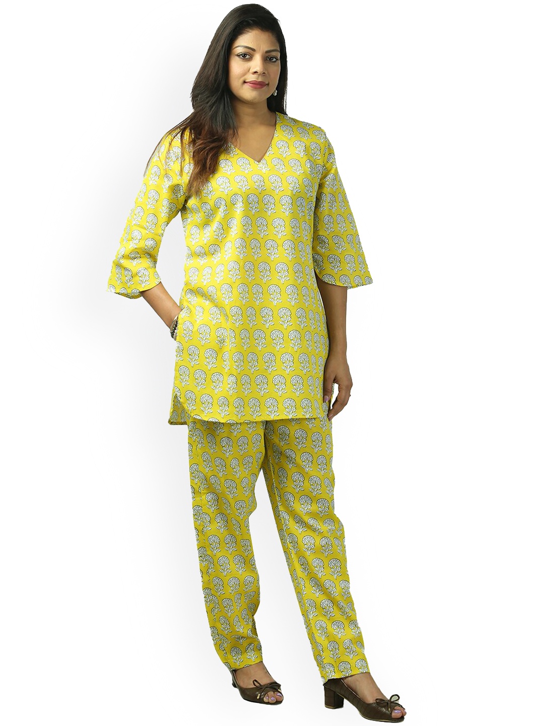 

Freesia Array Printed V-Neck Pure Cotton Top With Trousers, Yellow