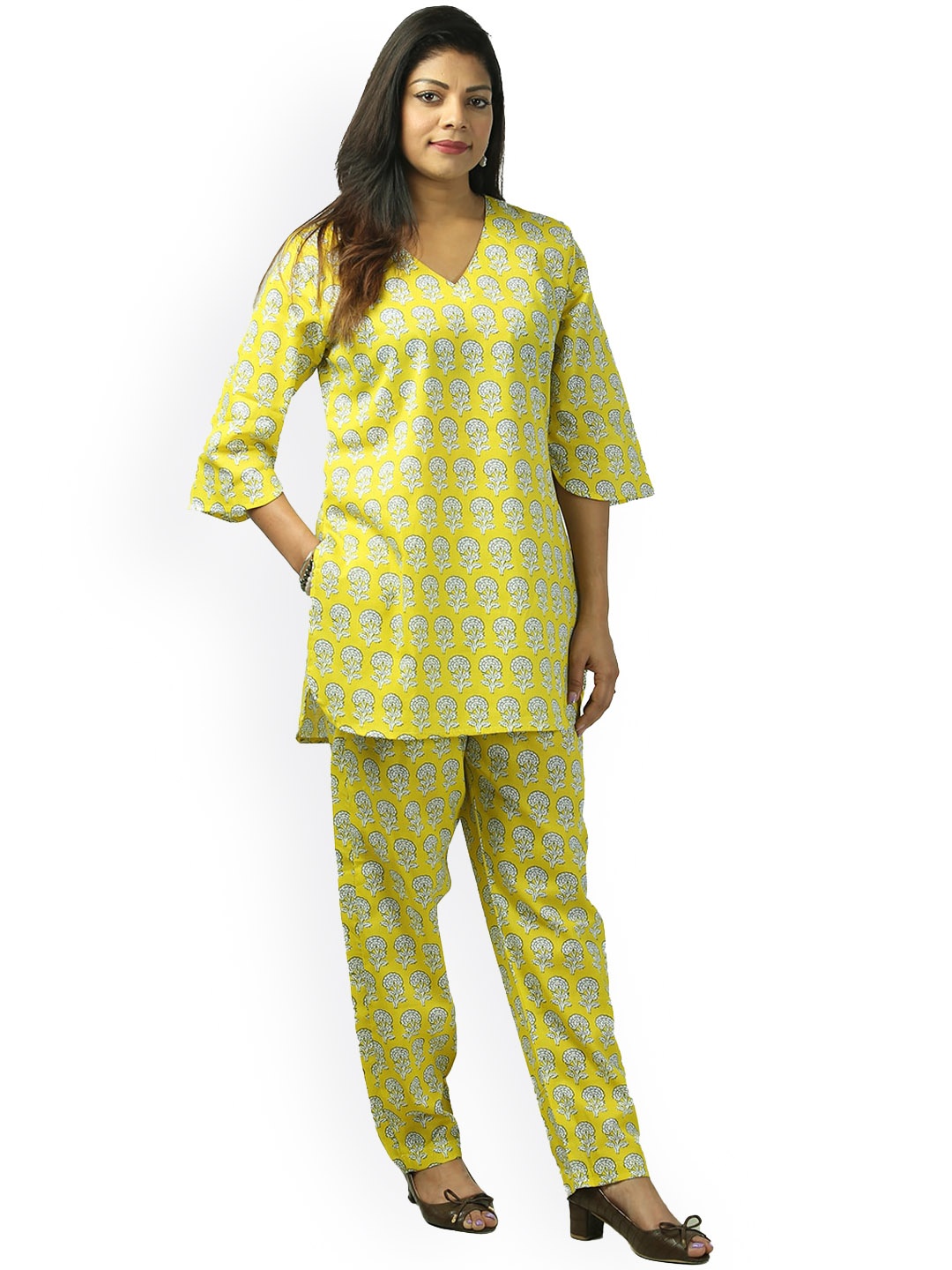 

Freesia Array Printed V-Neck Pure Cotton Top With Trousers, Yellow