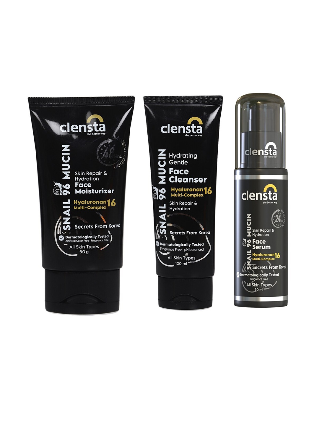 

Clensta Snail 96 Mucin Face Moisturizer Face Cleanser Face Serum-50gm + 100gm + 30 ml, Black
