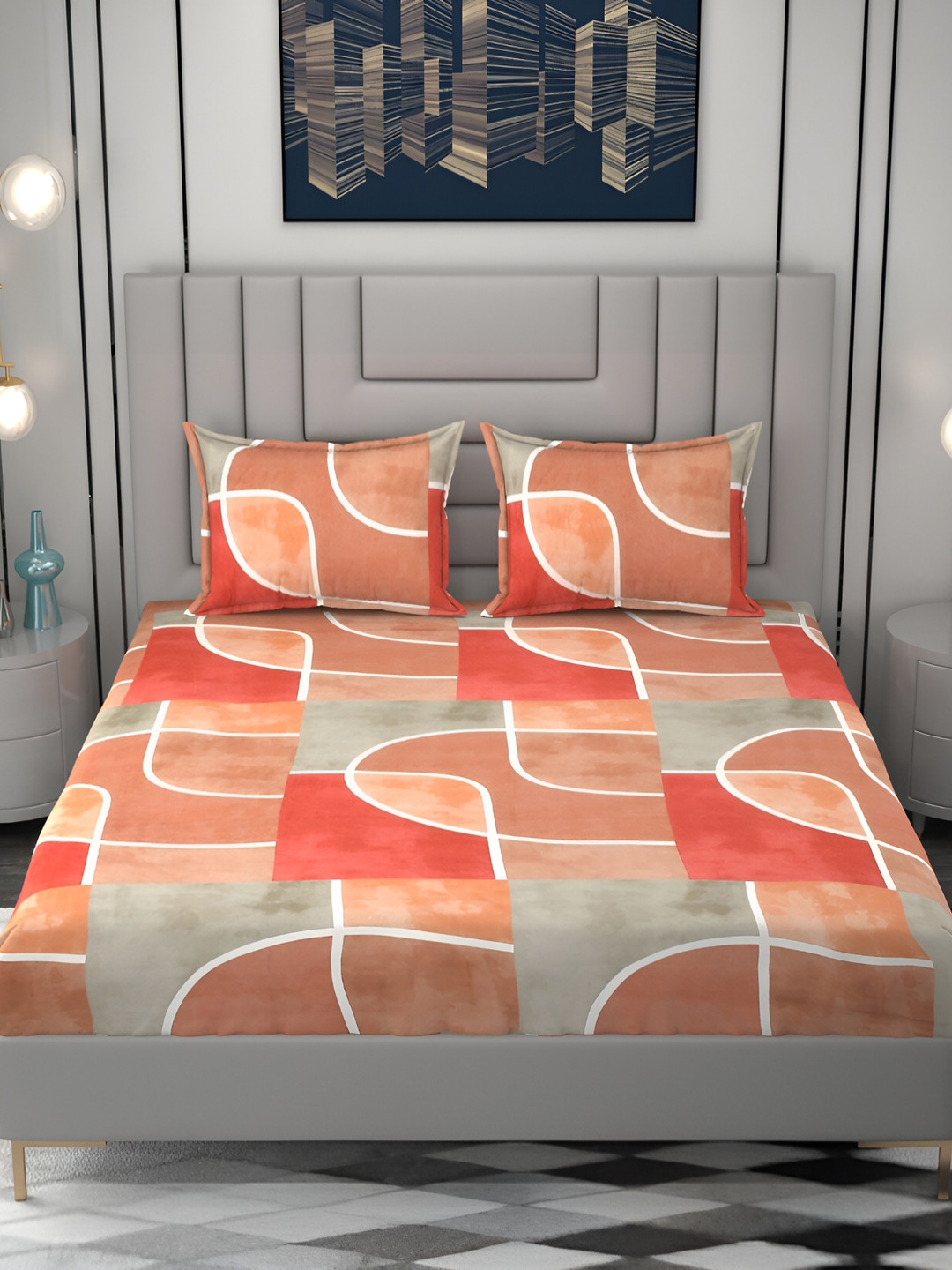 

FINE TEX WORLD Orange & White Abstract Microfiber 210 TC King Bedsheet Set