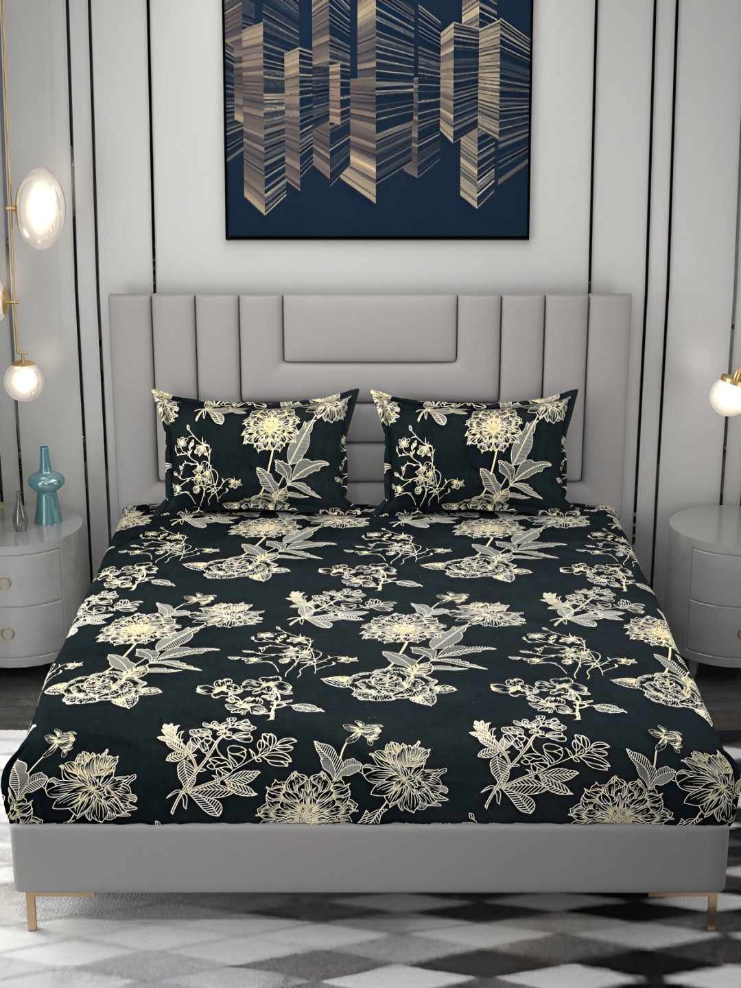

FINE TEX WORLD Charcoal & Beige 210 TC Fitted King Bedsheet With 2 Pillow Covers