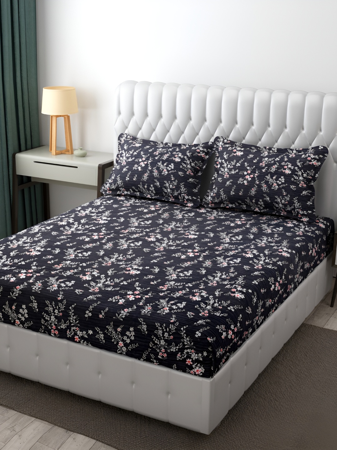 

FINE TEX WORLD Navy Blue & White Floral Microfiber 210 TC King Bedsheet Set