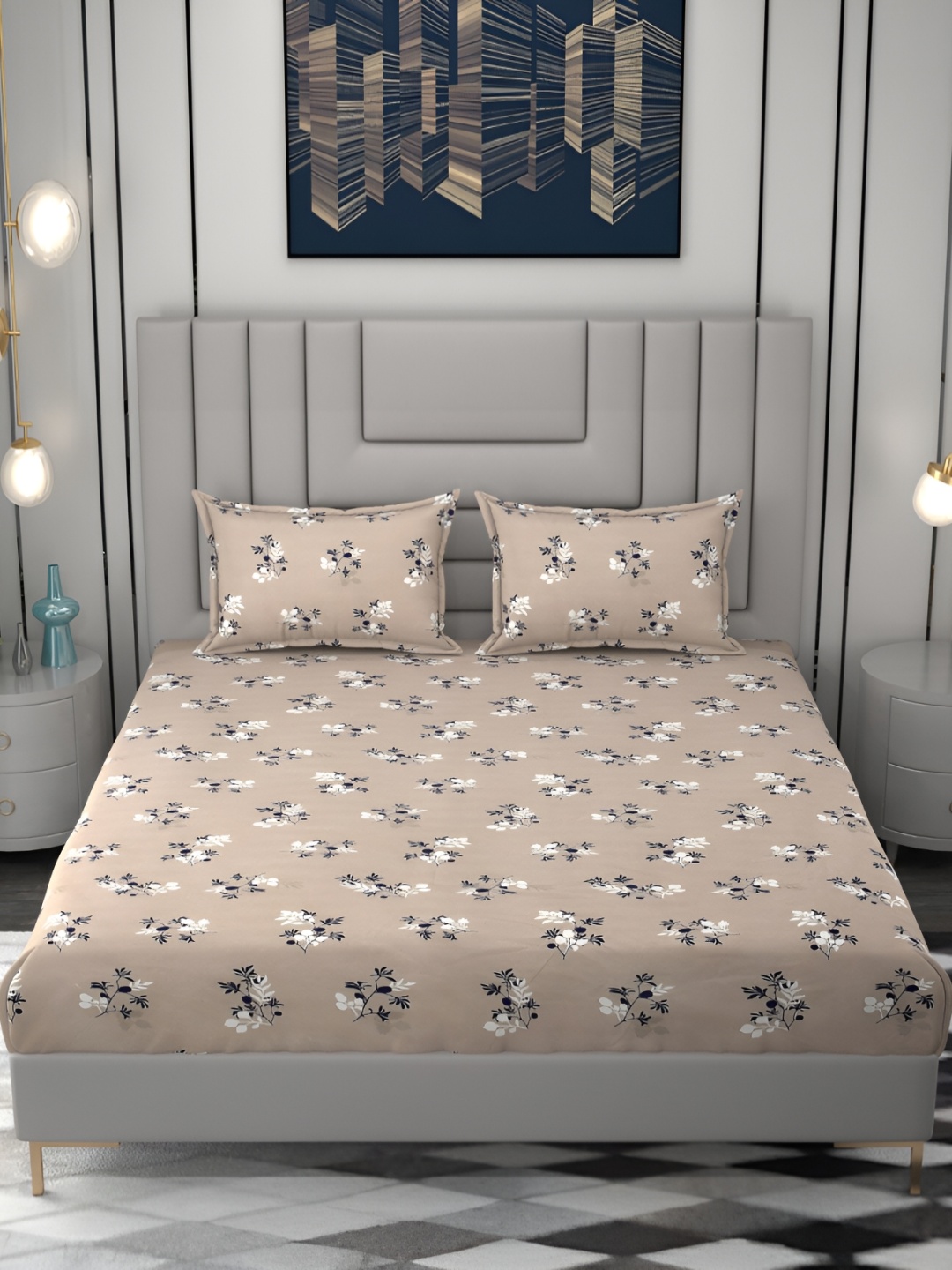 

FINE TEX WORLD Coffee Brown Floral 210 TC Fitted King Bedsheet With 2 Pillow Covers