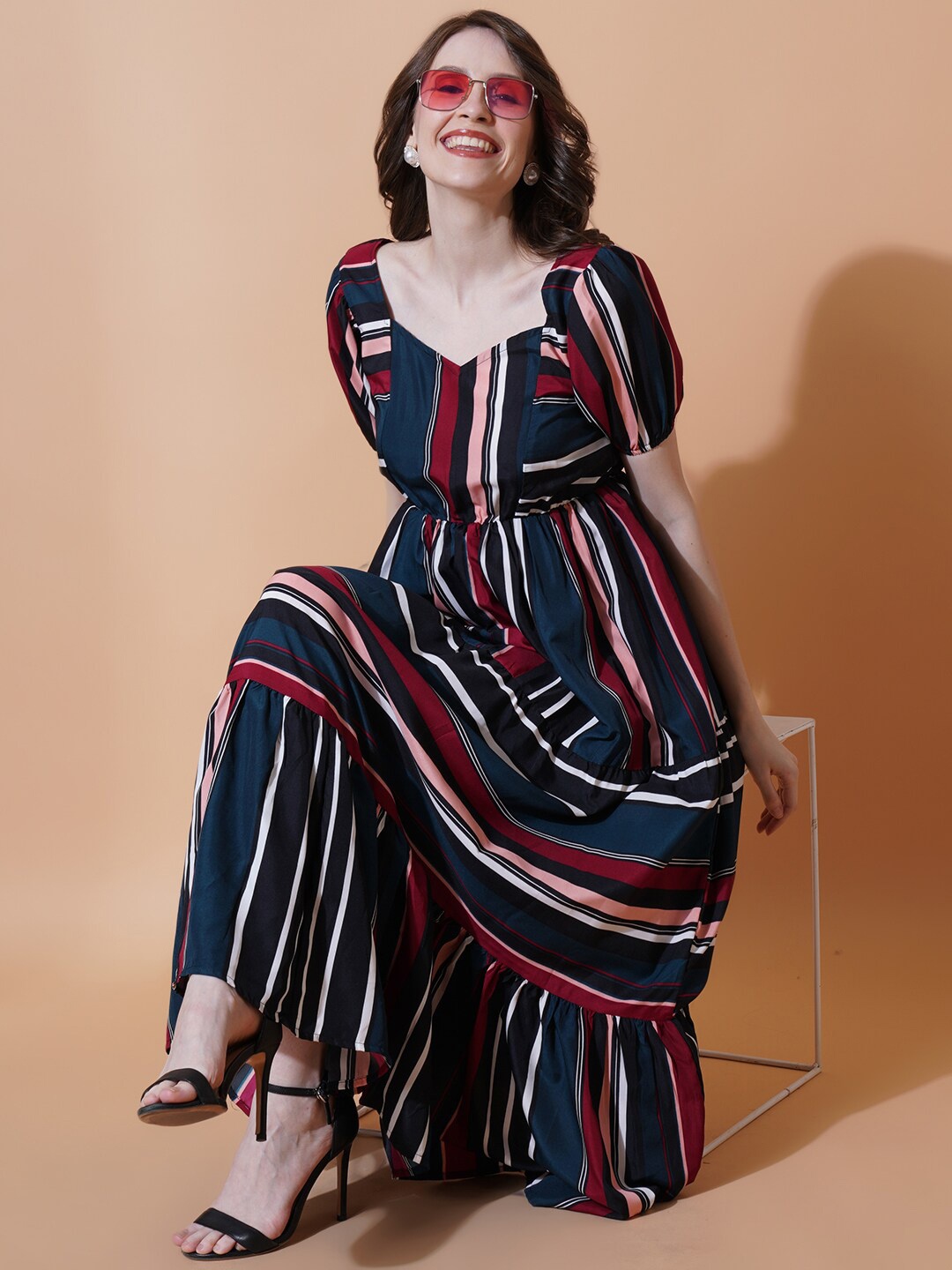 

U&F Navy Blue Striped Crepe Fit & Flare Midi Dress