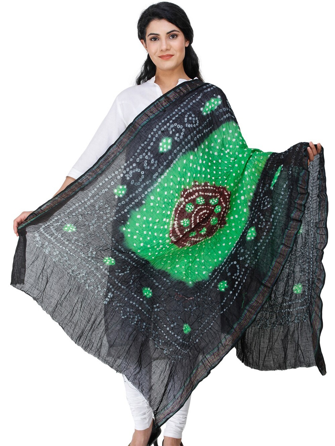 

Exotic India Online Lime Tie-Dye Bandhani Pure Cotton Dupatta with Woven Border and Chakra, Green