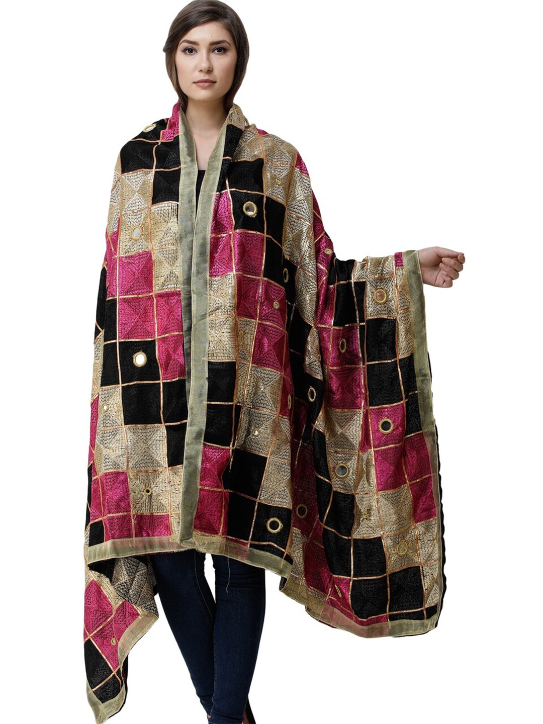 

Exotic India Baton Rouge And Phantom Phulkari Silk Dupatta with Embroidery and Mirror, Black