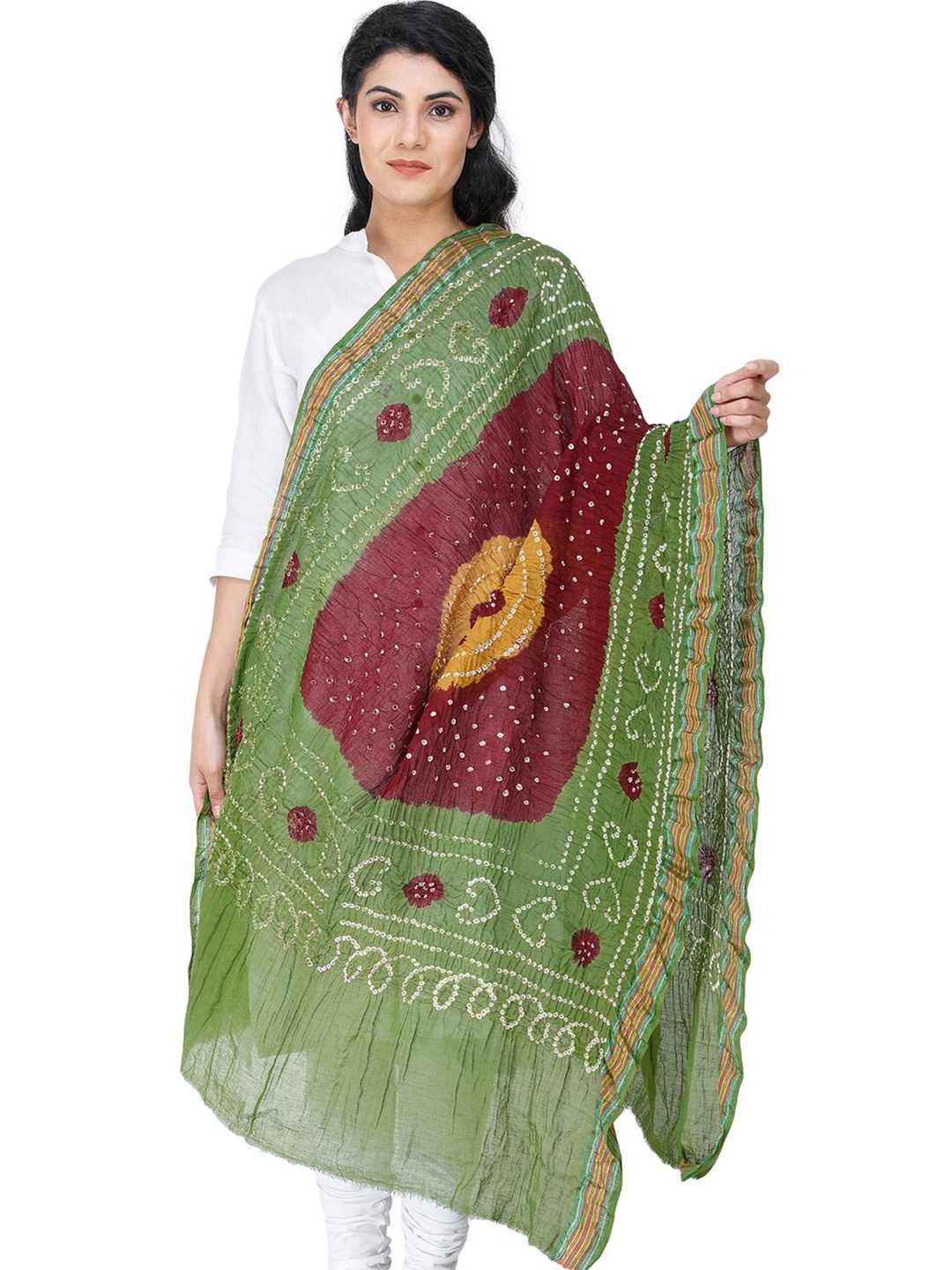 

Exotic India Tie And Dye Bandhani Printed Pure Cotton Dupatta, Red