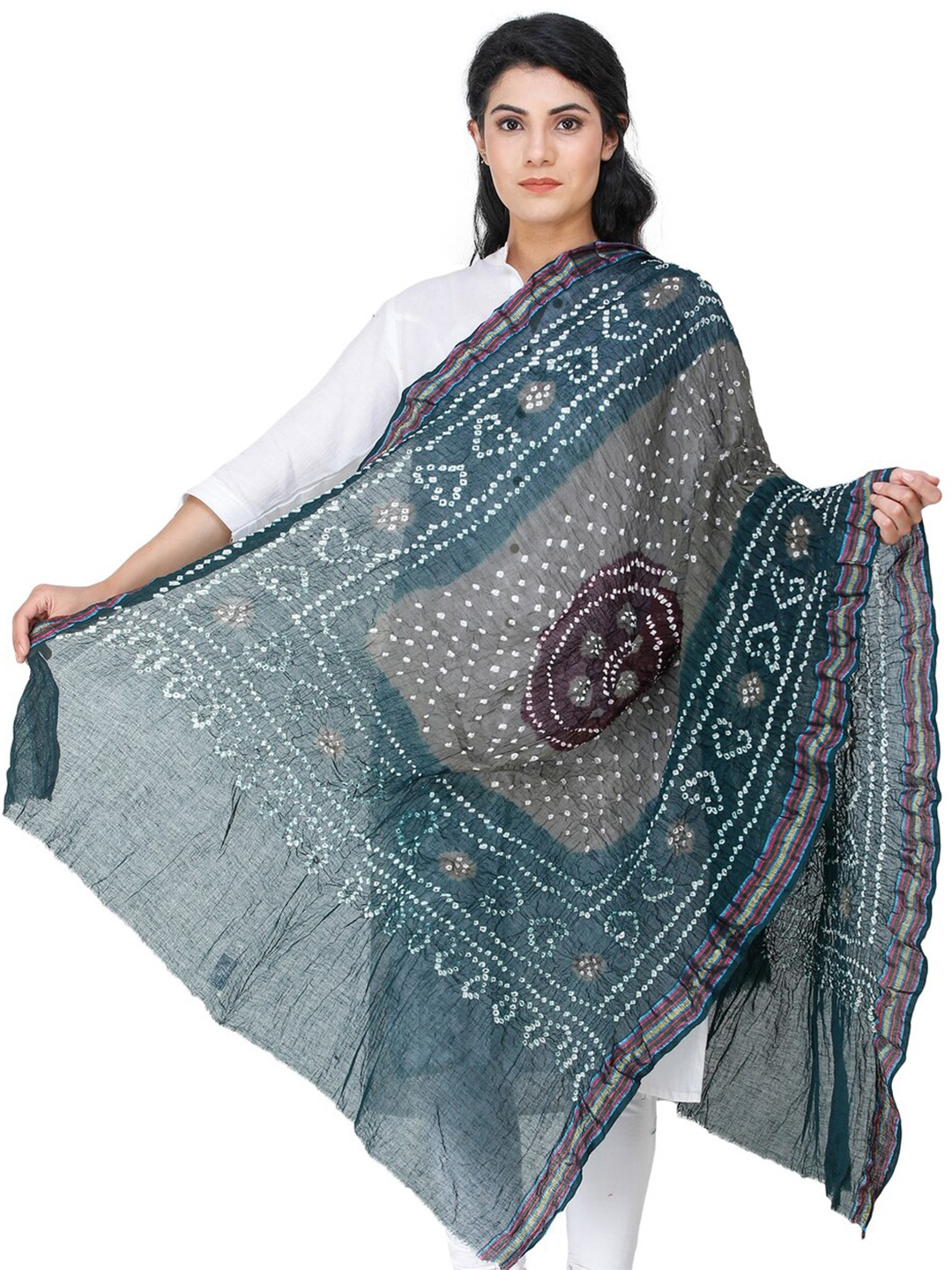 

Exotic India Tie And Dye Bandhani Printed Pure Cotton Dupatta, Grey
