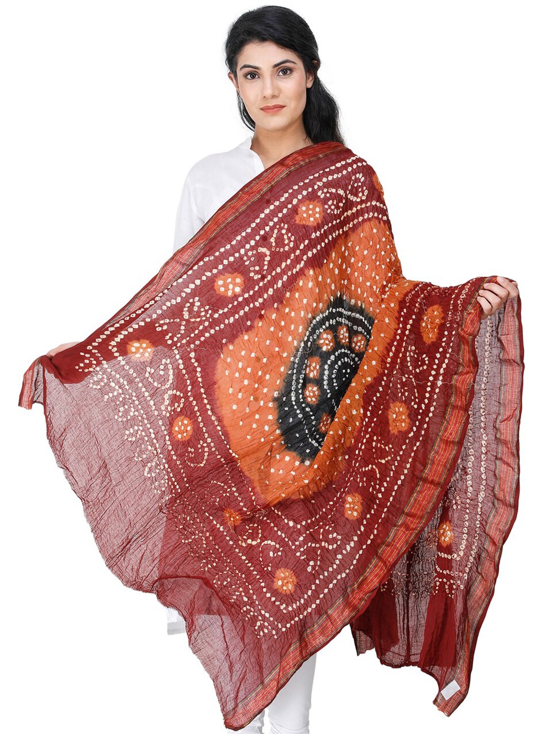 

Exotic India Tie And Dye Bandhani Printed Pure Cotton Dupatta, Orange