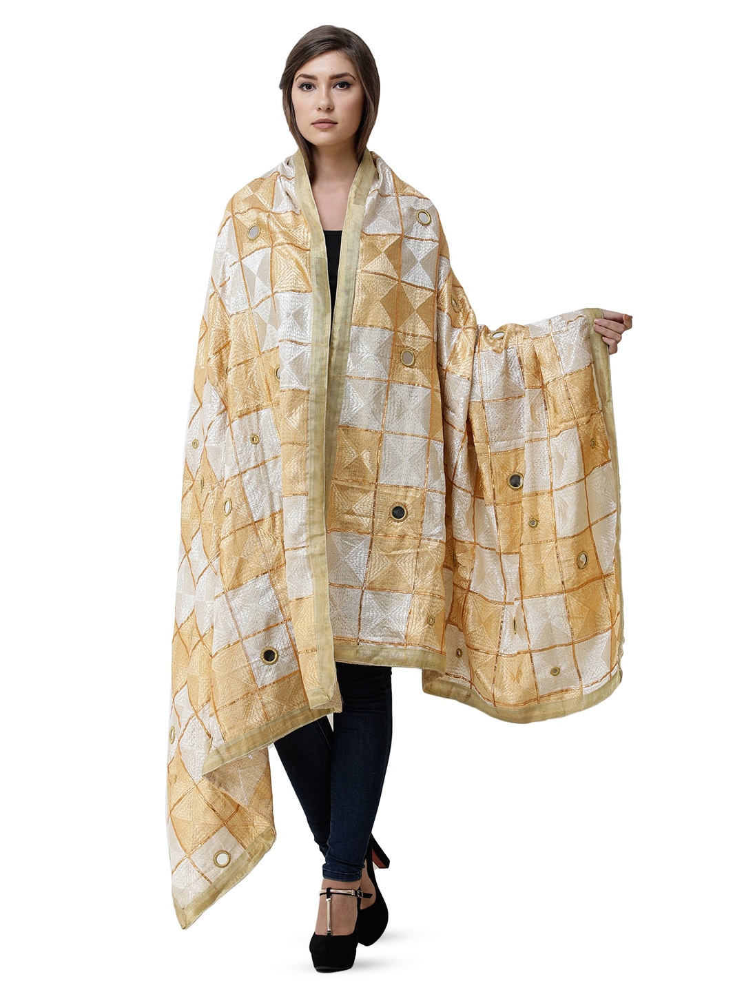 

Exotic India Apricot Gelato Phulkari Dupatta Silk with Embroidery All-Over and Mirror, Gold