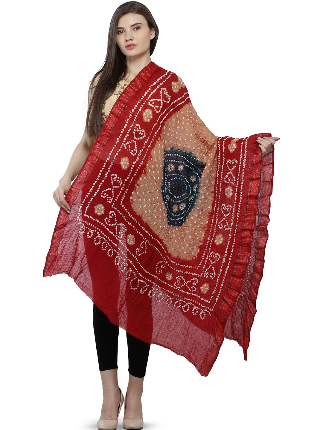 

Exotic India Tie And Dye Bandhani Printed Pure Cotton Dupatta, Red