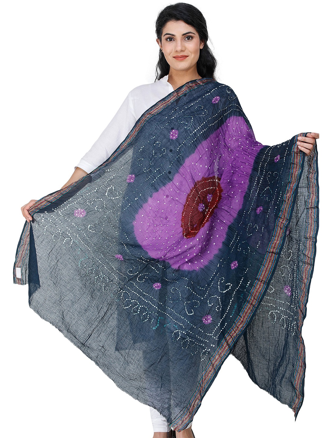 

Exotic India Passion Flower Tie-Dye Bandhani Dupatta with Woven Border and Chakra, Navy blue