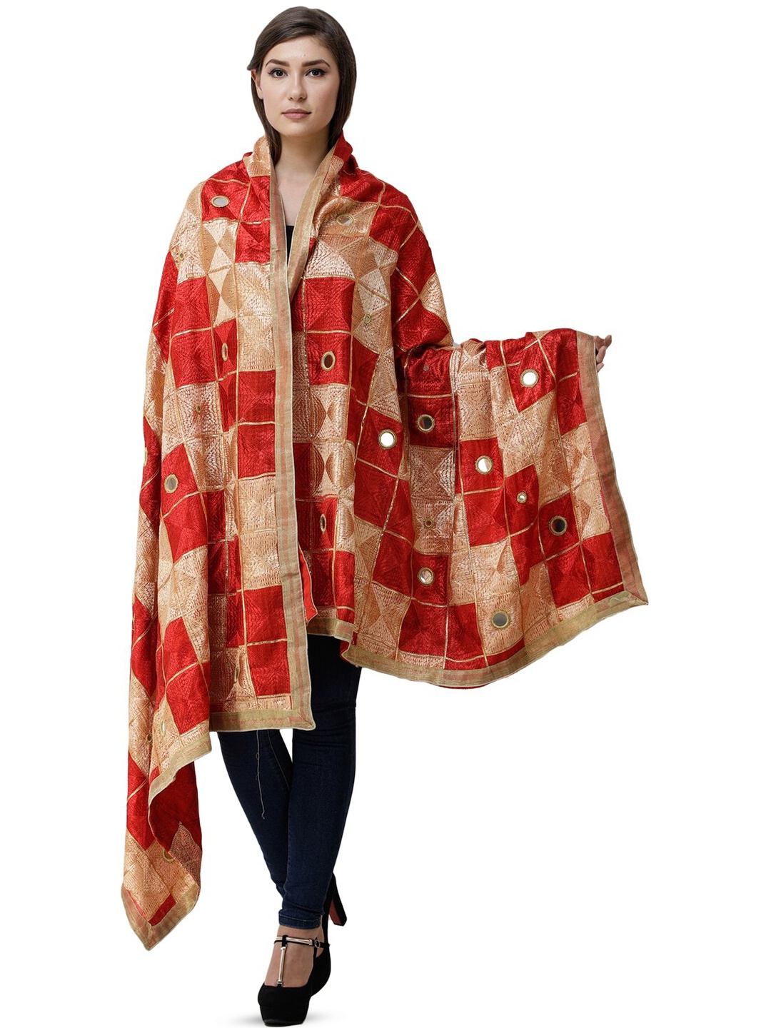 

Exotic India Bittersweet Phulkari Silk Dupatta with Embroidery All-Over and Mirror, Red