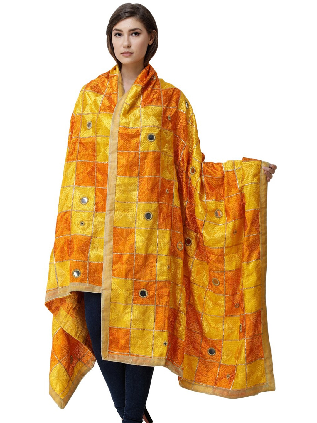 

Exotic India Persimmon Orange Phulkari Silk Dupatta with Embroidery All-Over & Mirror