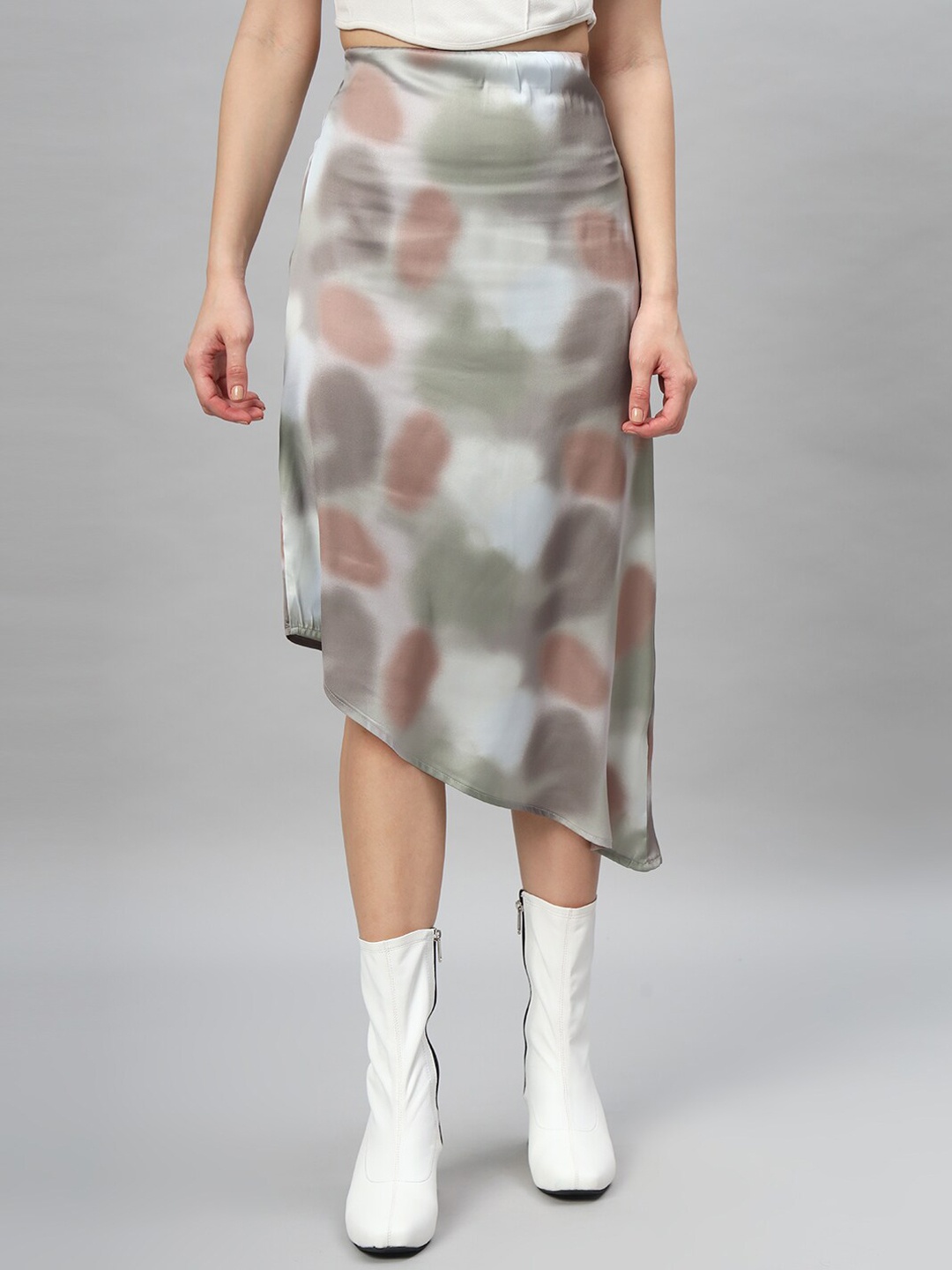 

Chemistry Tie-Dyed Satin Asymmetric A-Line Midi Skirt, Grey