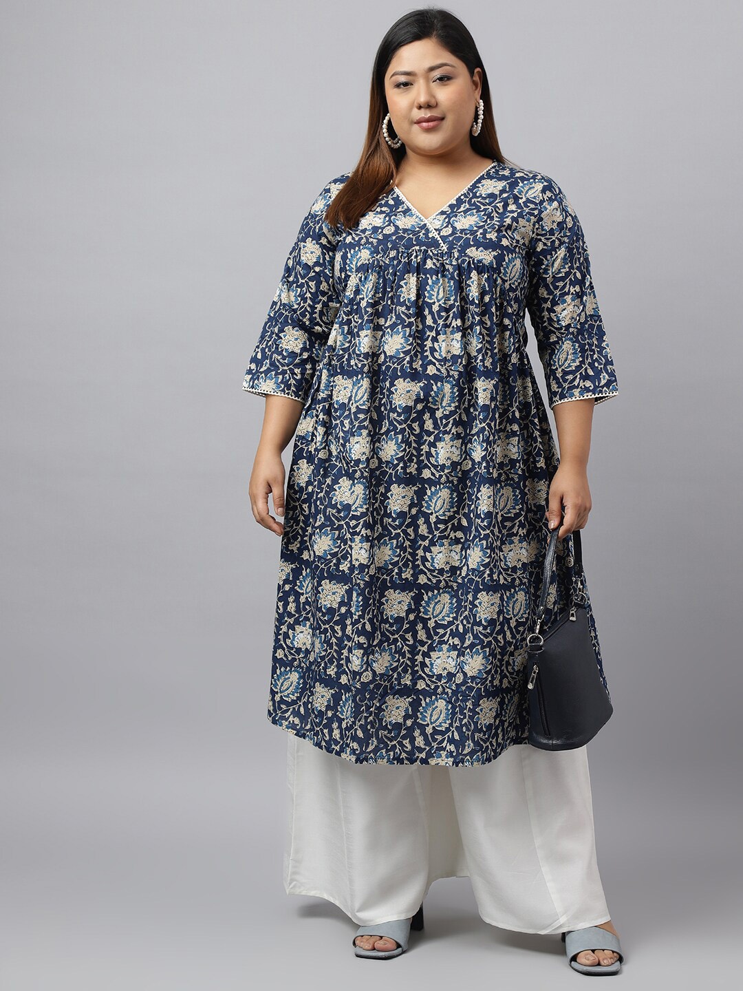 

Janasya PLus Size Ethnic Motifs Printed V-Neck Empire A-Line Cotton Kurta, Blue