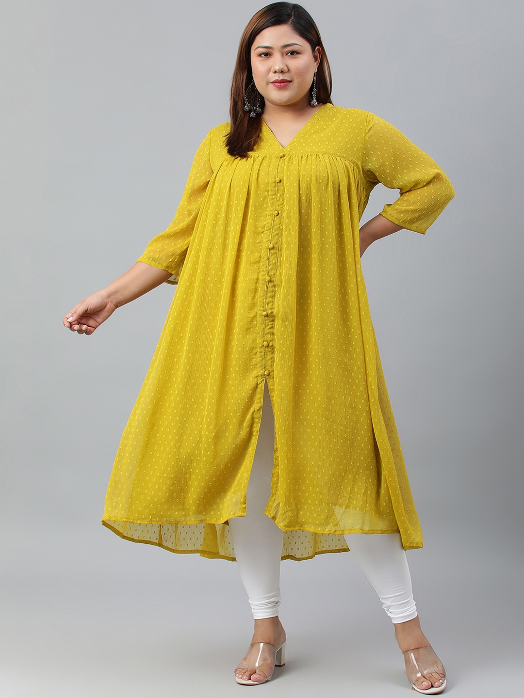 

Janasya Plus Size Self Design A-Line Kurta, Mustard