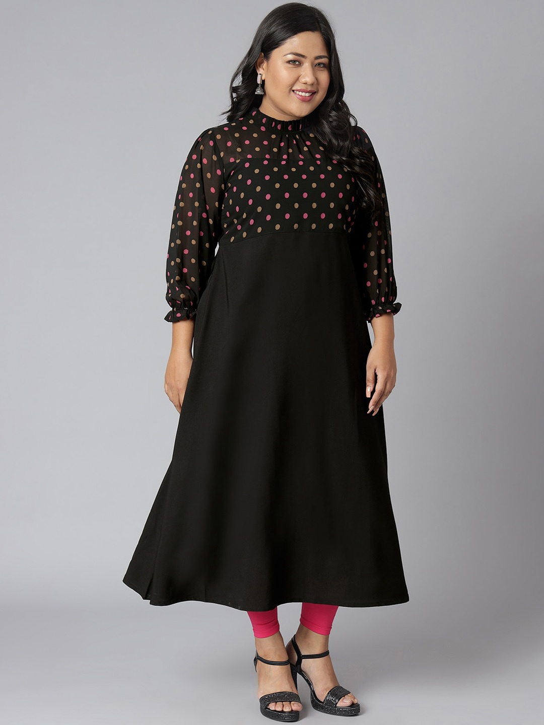 

Janasya Pluse Size Polka Dots Round Neck Three-Quarter Sleeves Crepe Anarkali Kurta, Black