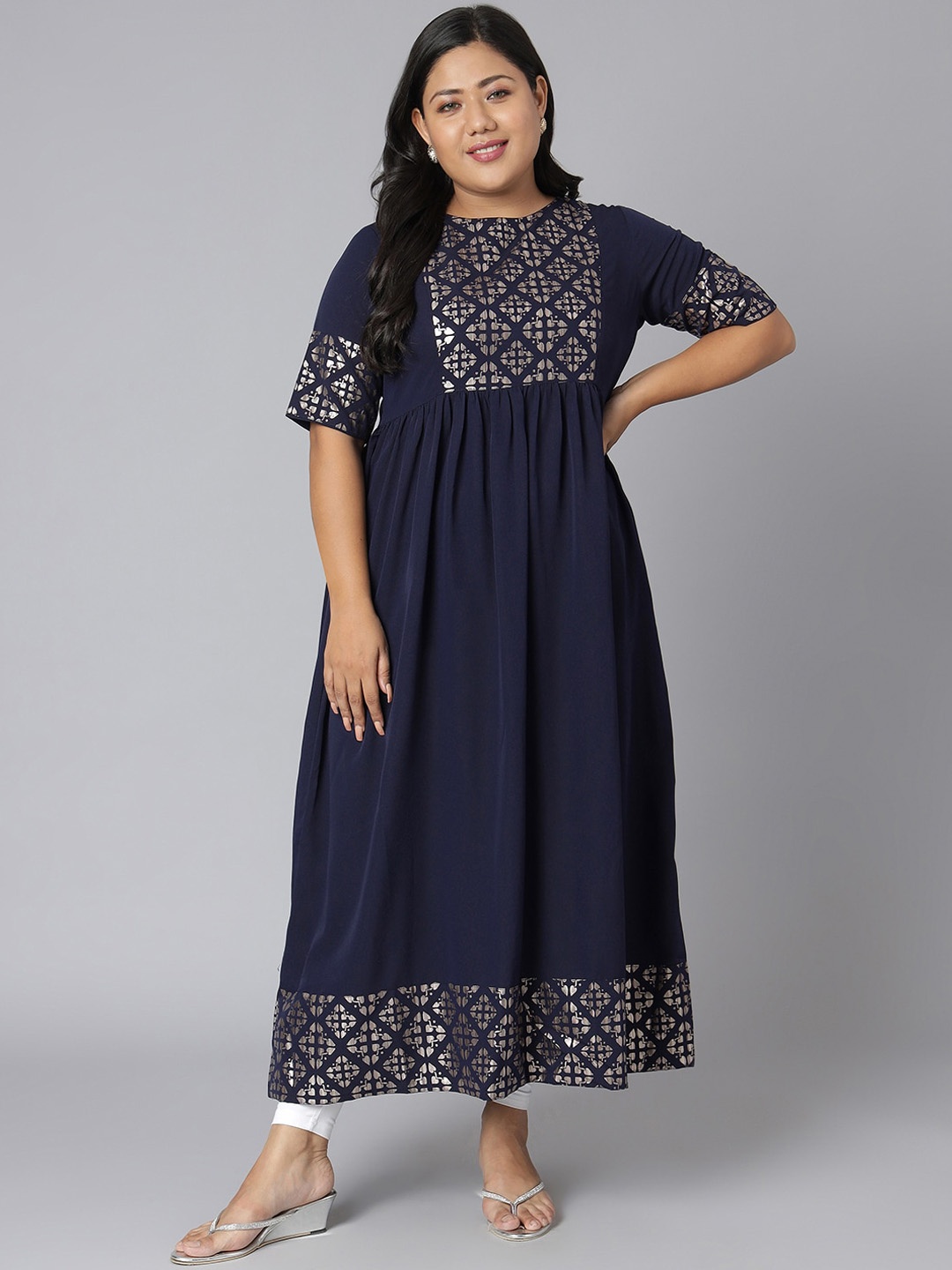 

Janasya Plus Size Geometric Yoke Design Flared Sleeves Thread Work Crepe Anarkali Kurta, Blue