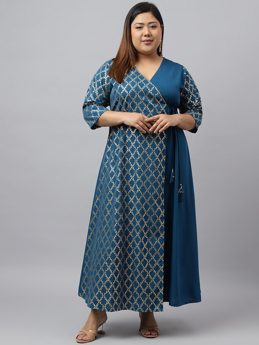 

Janasya Plus Size Ethnic Motifs Printed Crepe Angrakha Anarkali Kurta, Teal
