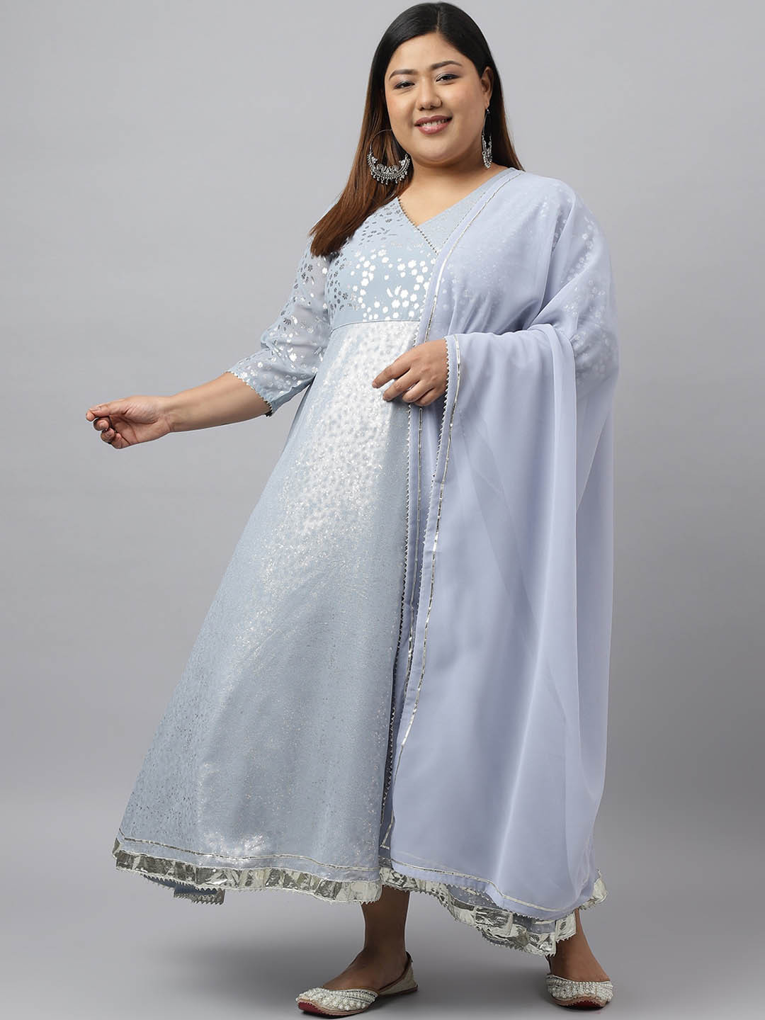 

Janasya Plus Size Ethnic Motifs Printed Georgette Anarkali Kurta, Grey