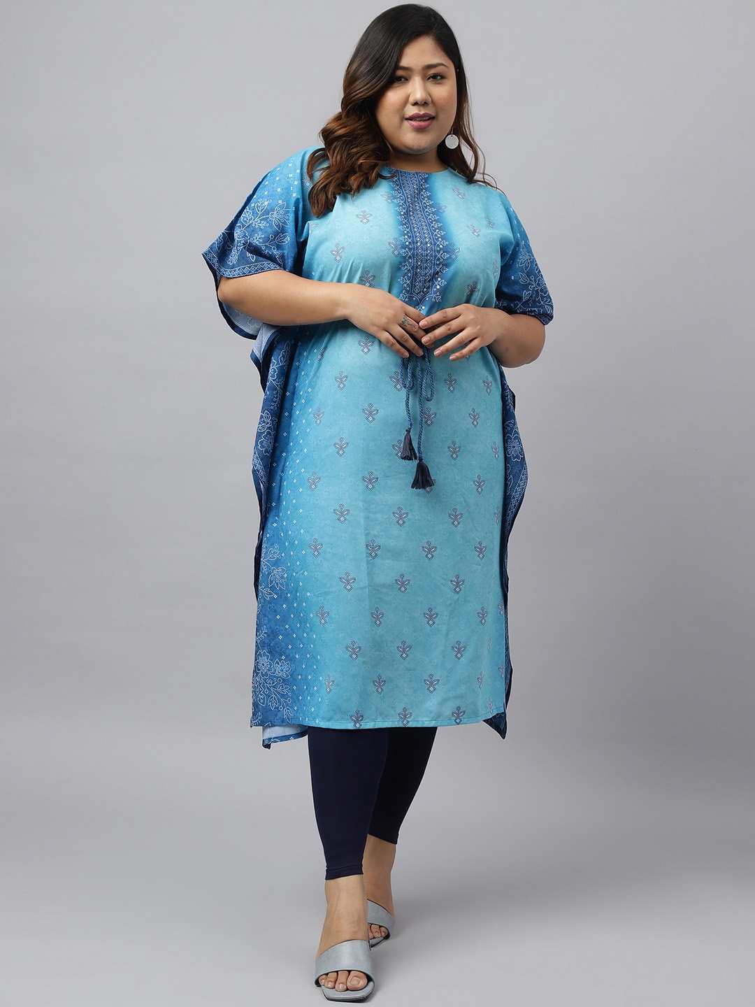 

Janasya Plus Size Ethnic Motifs Printed Extended Sleeves Georgette Kaftan Kurta, Blue