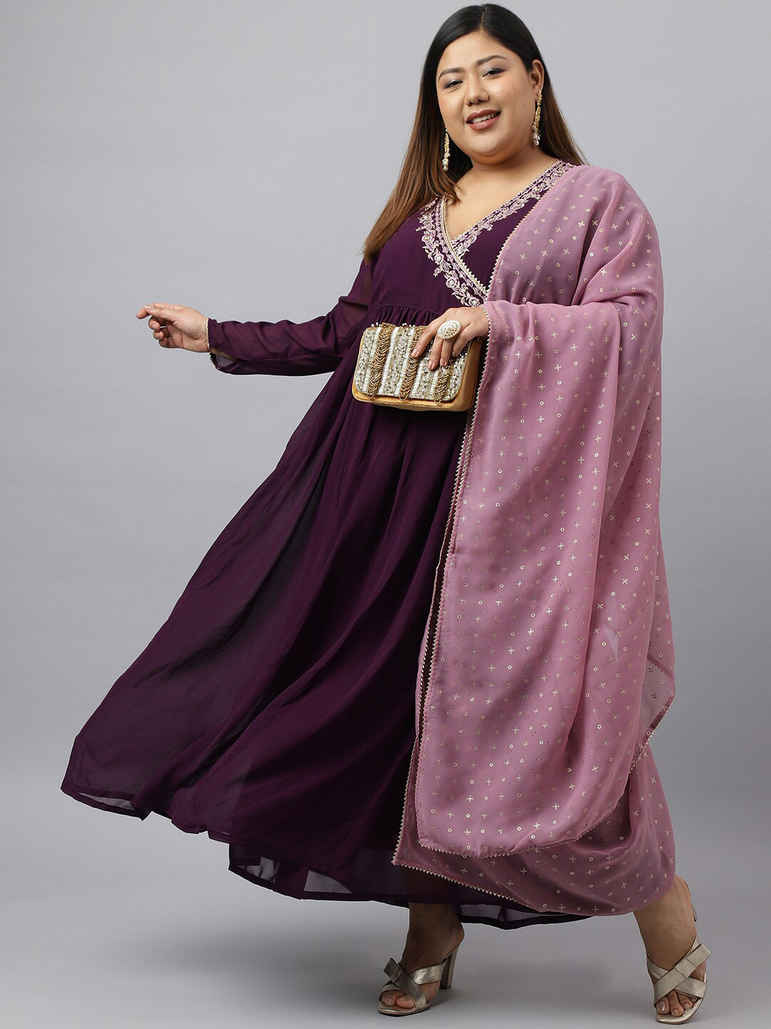 

Janasya Plus Size V-Neck Thread Work Georgette Angrakha Anarkali Kurta with Dupatta, Purple