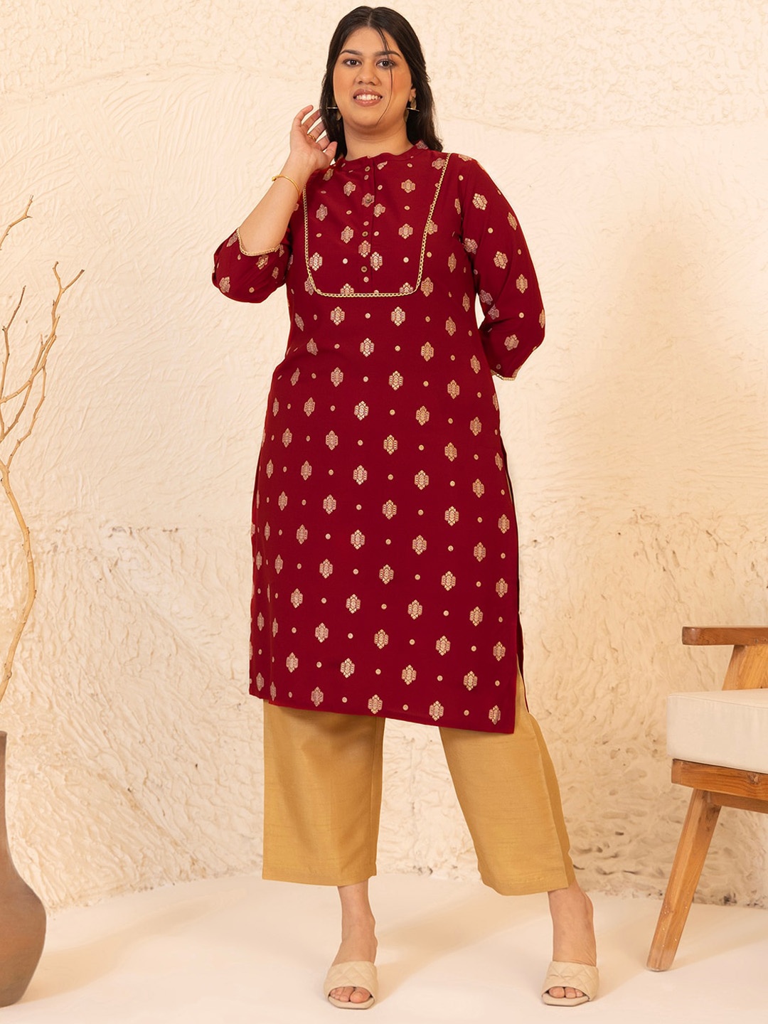 

Janasya Plus Size Ethnic Motifs Printed Mandarin Collar Crepe Straight Kurta, Red