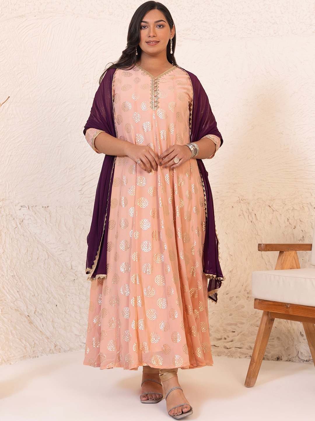 

Janasya Women's Plus Size Peach Georgette Foil Printed Anarkali Kurta and Dupatta