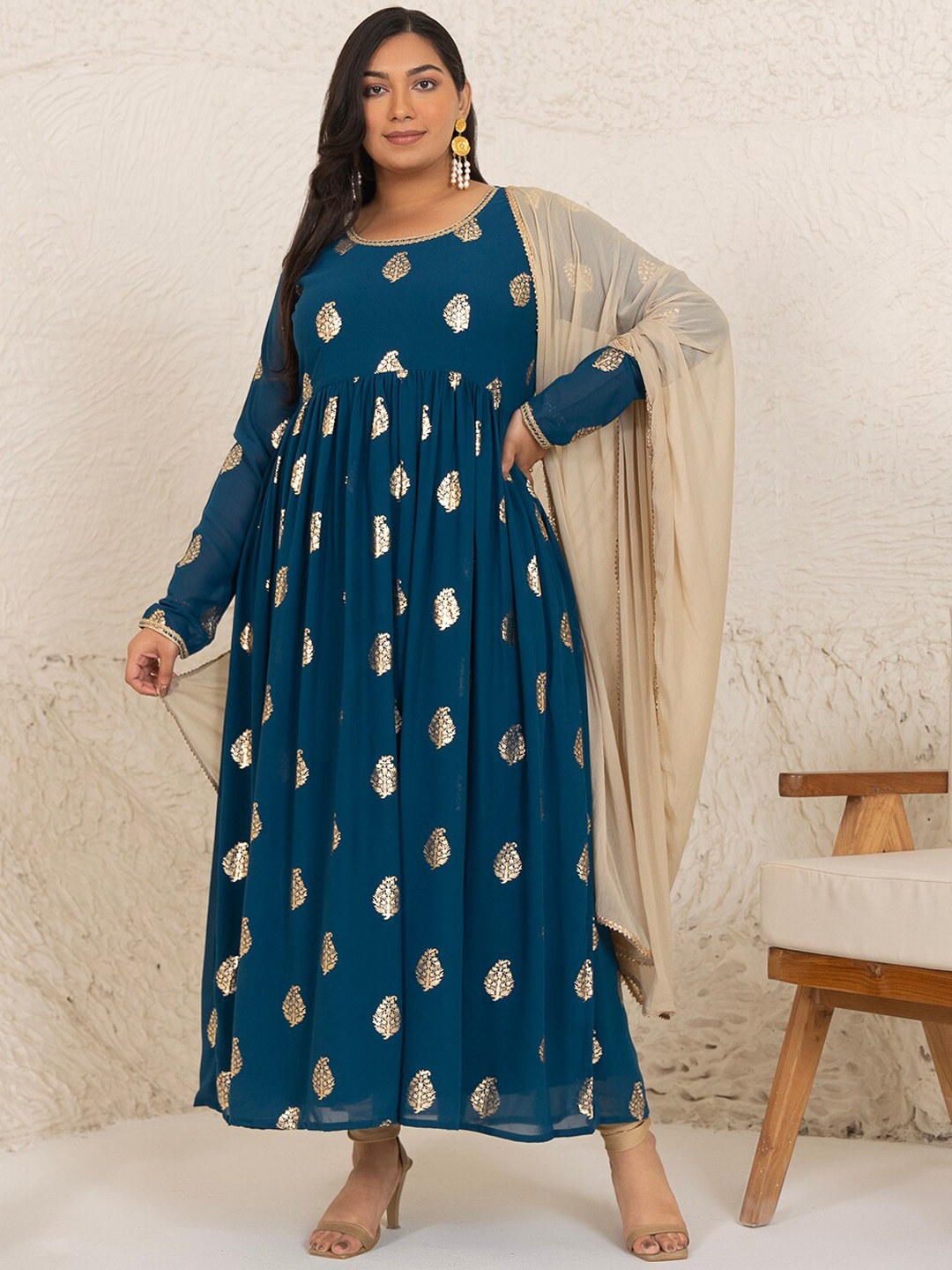 

Janasya Plus Size Ethnic Motifs Embroidered Round Neck Mirror Work Anarkali Kurta, Blue