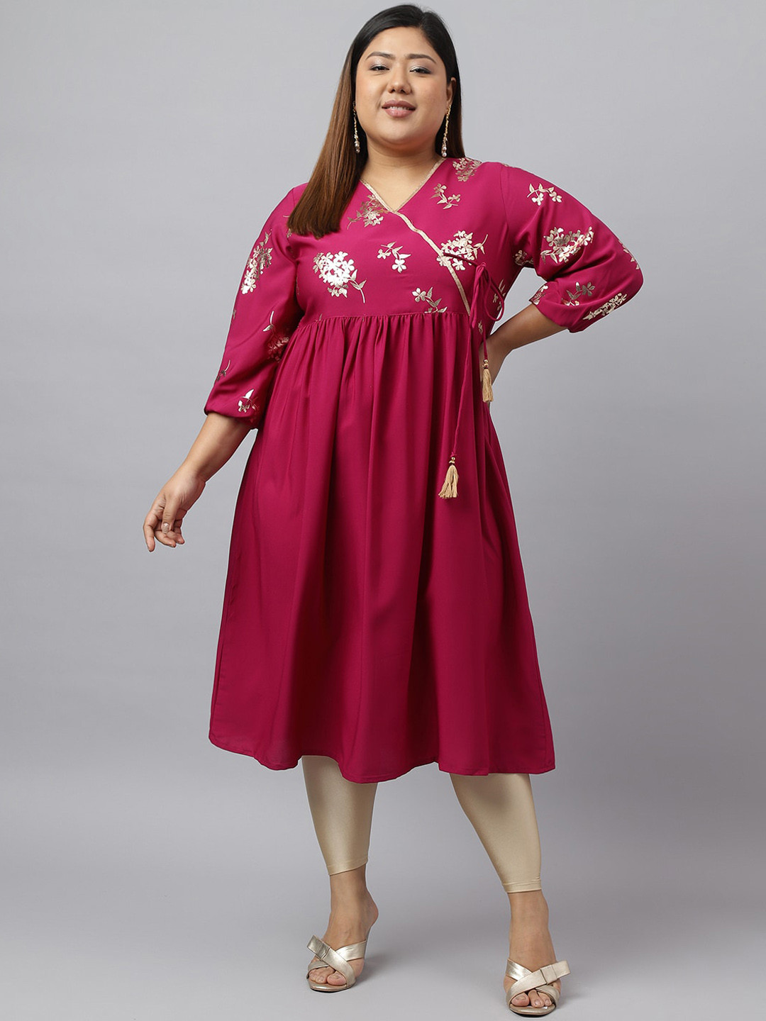 

Janasya Plus Size Ethnic Motifs Yoke Design Crepe A-Line Kurta, Magenta