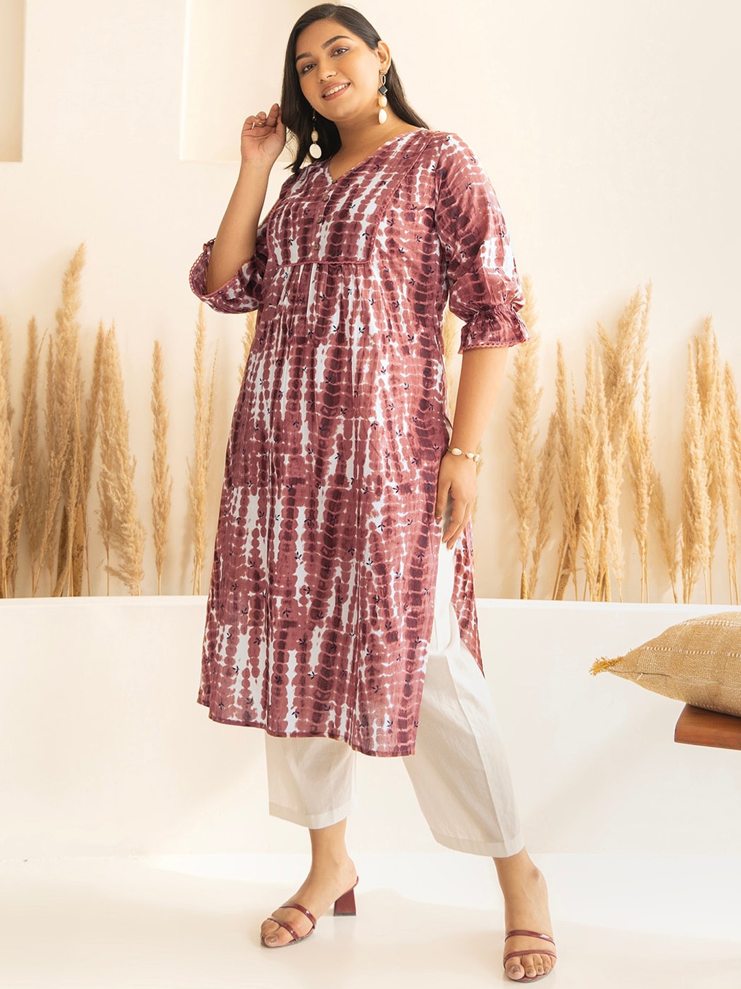 

Janasya Plus Size Tie & Dye Cotton Kurta, Brown