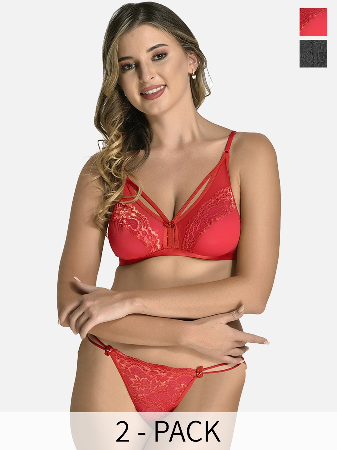 

StyFun Pack Of 2 Non Padded Lace Lingerie Set, Red
