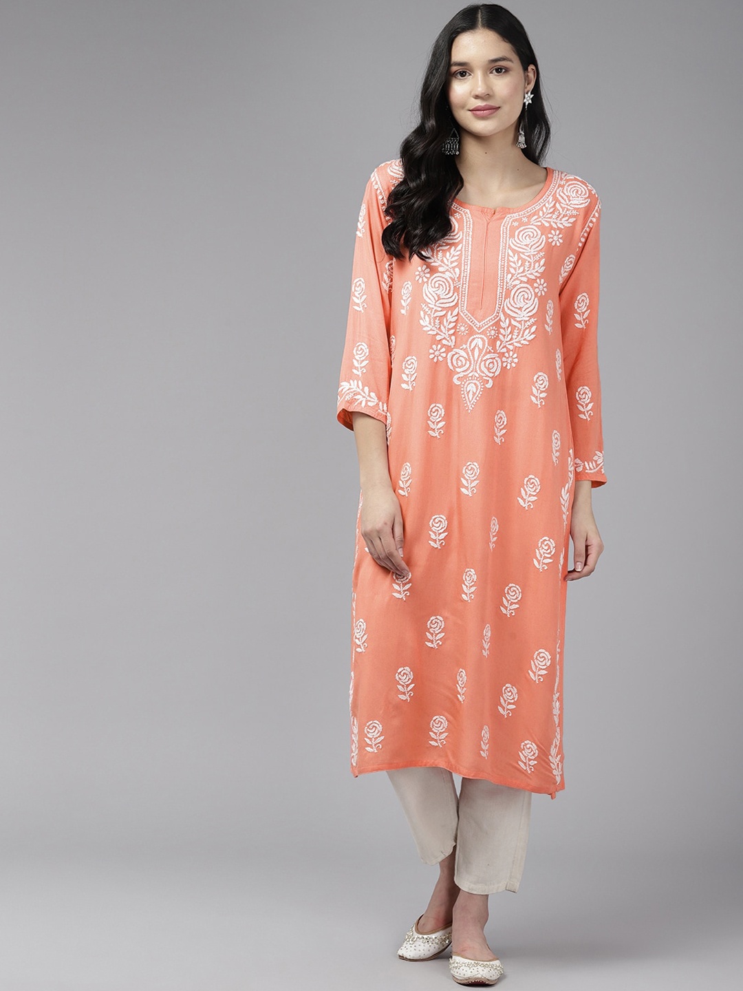 

ADA Floral Embroidered Round Neck Lucknowi Chikankari Cotton Silk Straight Kurta, Peach