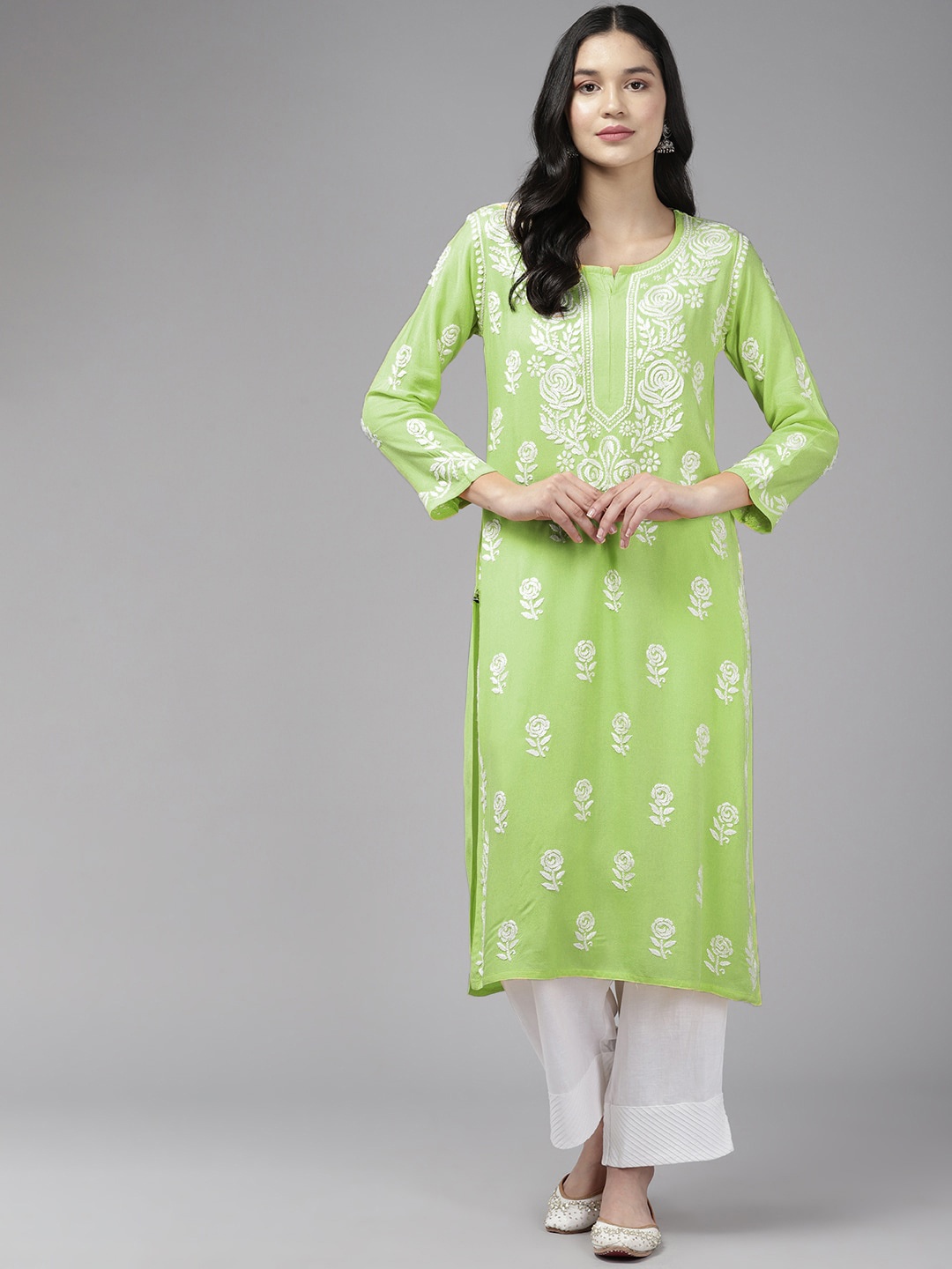 

ADA Floral Embroidered Round Neck Lucknowi Chikankari Cotton Silk Straight Kurta, Green