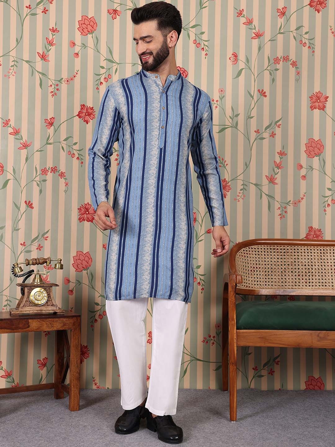 

Ode by House of Pataudi Striped Band Collar Straight Kurta, Blue