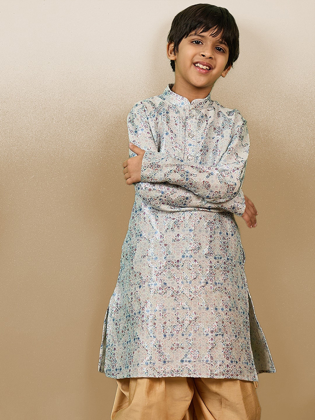 

Sanwara Boys Floral Printed Mandarin Collar Long Sleeves Straight Kurta, Blue