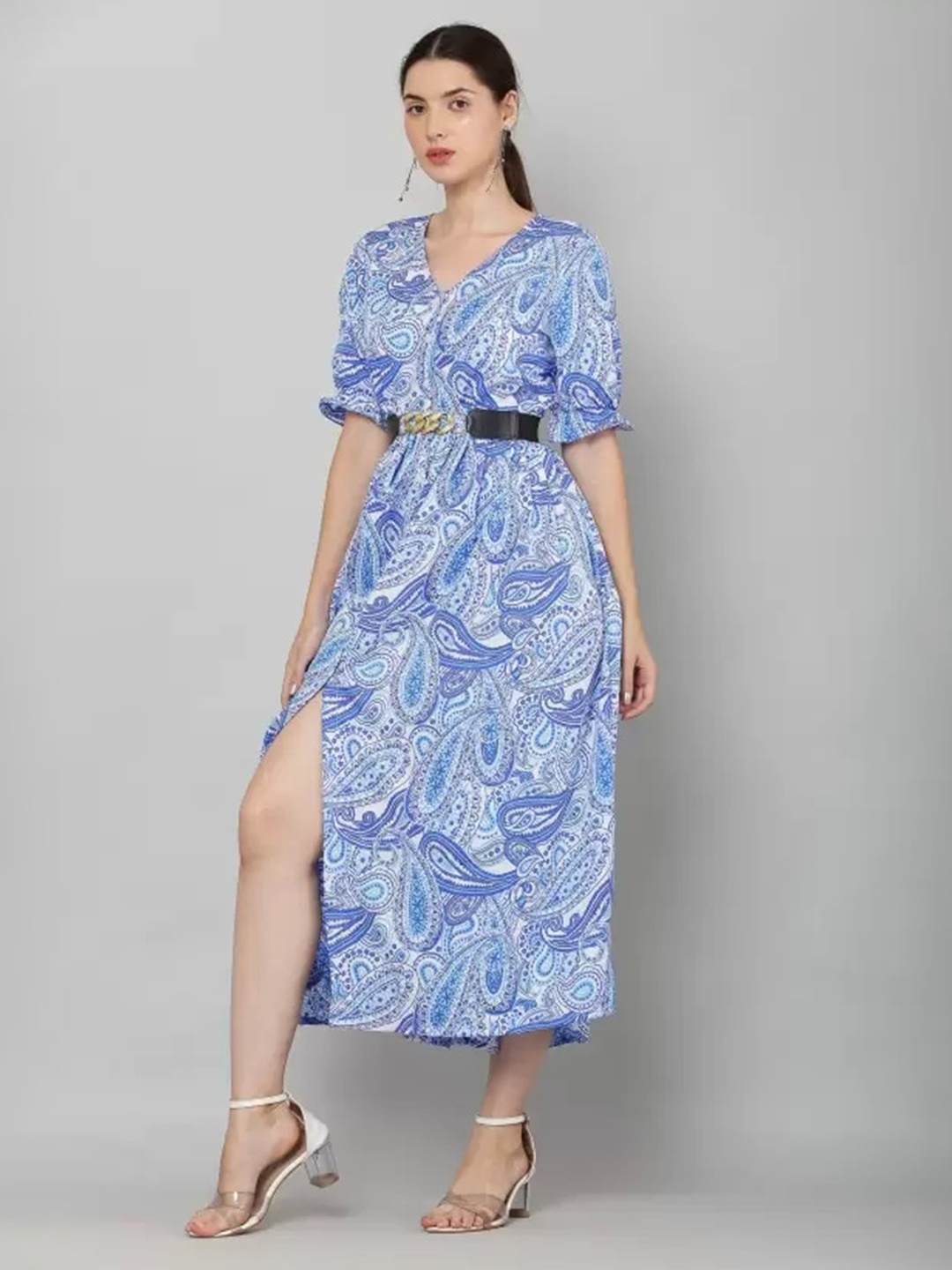 

SQew V Neck Short Sleeves Ethnic Motifs Print Crepe A-Line Midi Dress, Blue