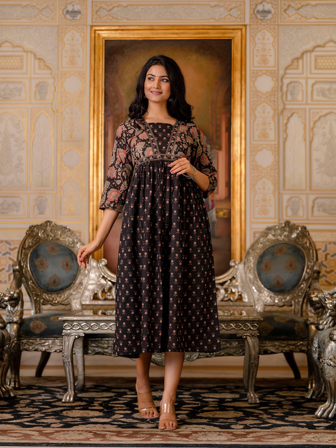 

Nayo Ethnic Motifs Round Neck Three-Quarter Sleeves Cotton Empire Dress, Black