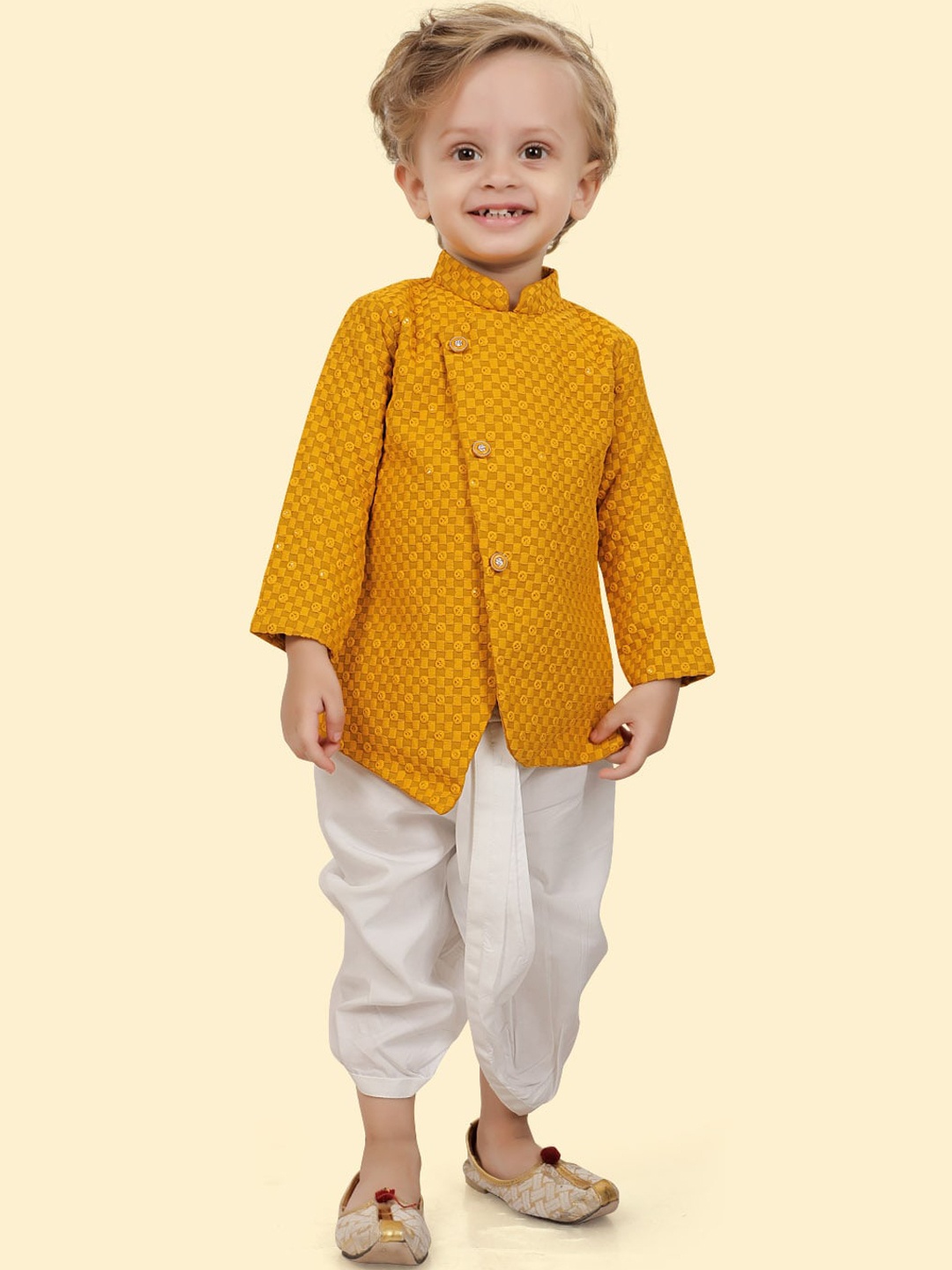 

Ethniks Neu-Ron Boys Geometric Sequinned Pure Cotton Straight Kurta with Dhoti Pants, Mustard