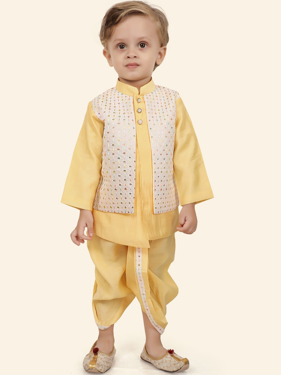 

Ethniks Neu-Ron Boys Sequinned Straight Kurta With Dhoti Pants With Nehru jacket, Gold