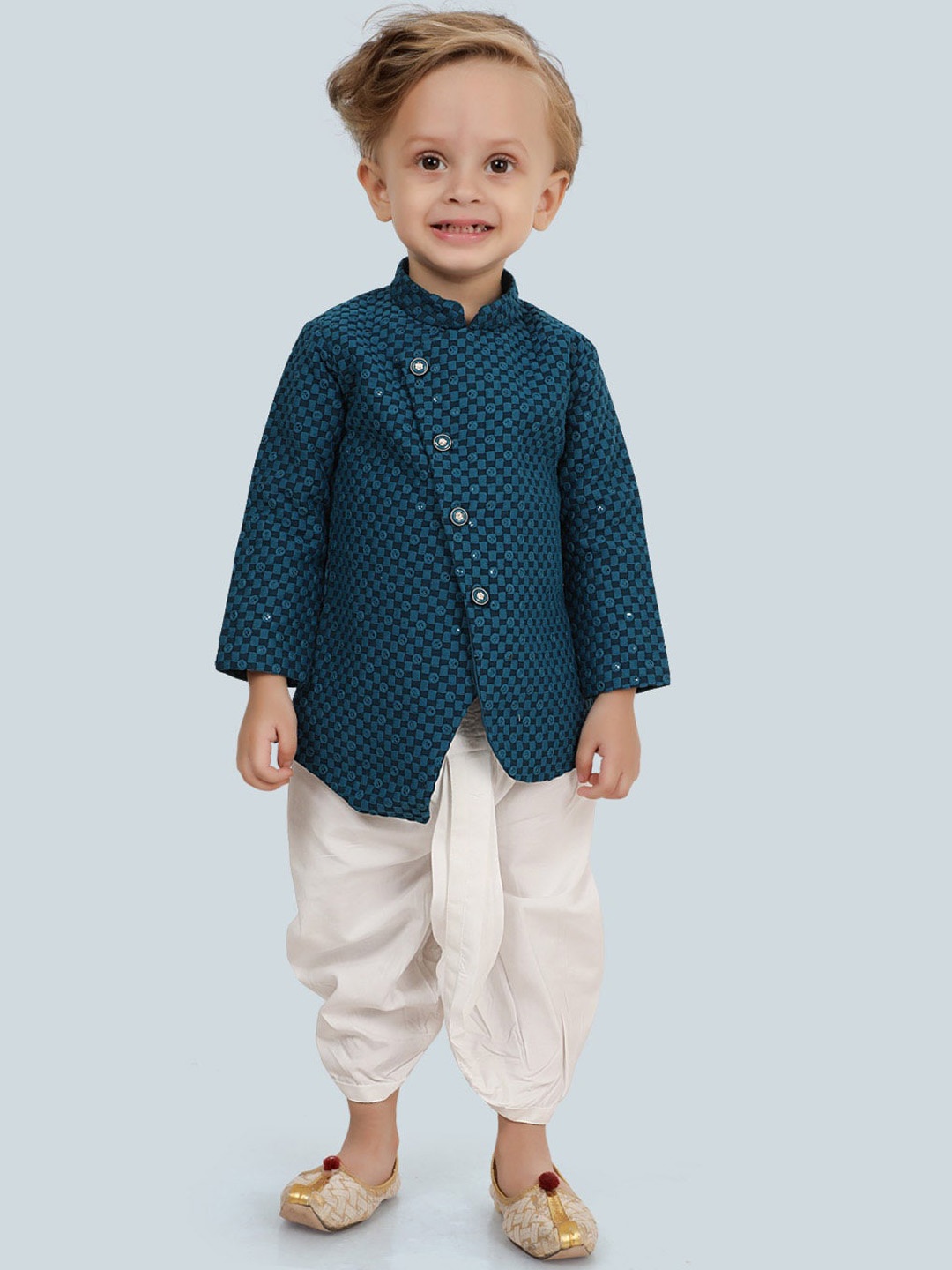 

Ethniks Neu-Ron Boys Checked Mandarin Collar Sequinned Pure Cotton Kurta And Dhoti Pant, Blue