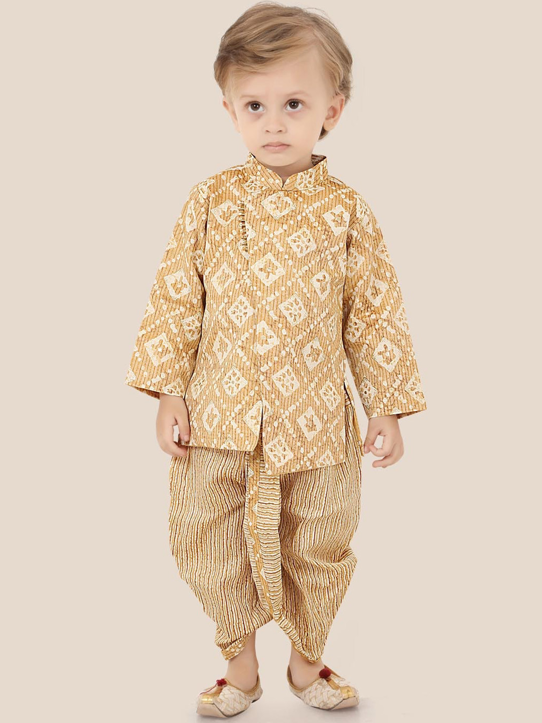 

Ethniks Neu-Ron Boys Ethnic Motifs Printed Pure Cotton Straight Kurta With Dhoti Pants, Beige