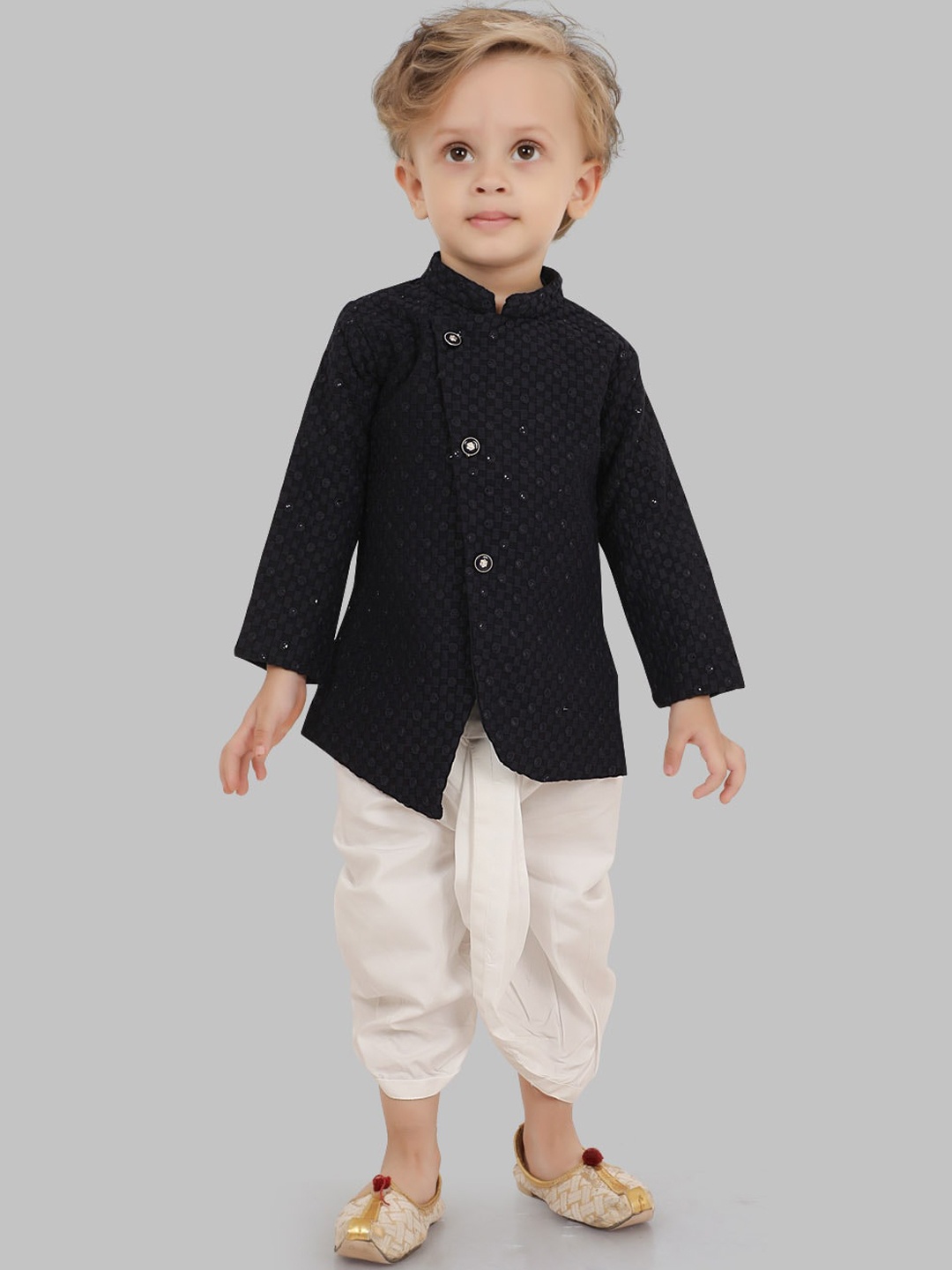 

Ethniks Neu-Ron Boys Embroidered Sequinned Pure Cotton Straight Kurta & Dhoti Pants, Navy blue