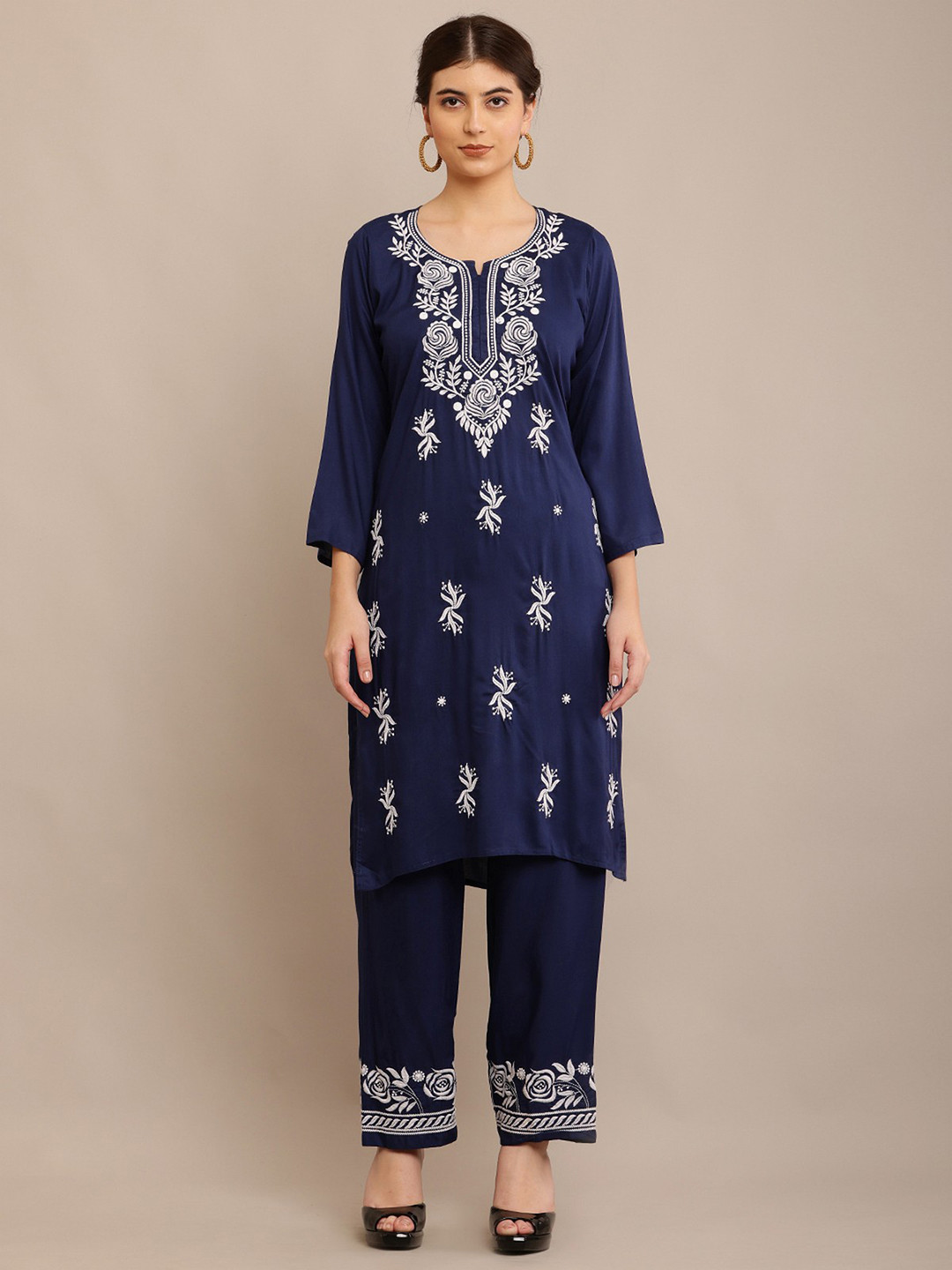 

FAWOMENT Ethnic Motifs Embroidered Regular Chikankari Straight Kurta With Palazzos, Blue