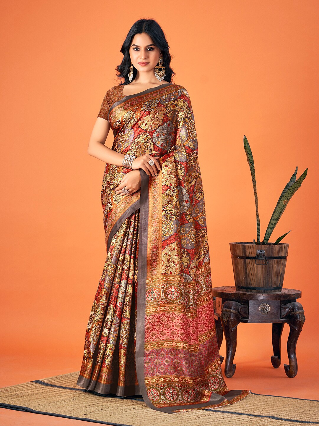 

SANGAM PRINTS Floral Printed Pashmina Saree, Brown