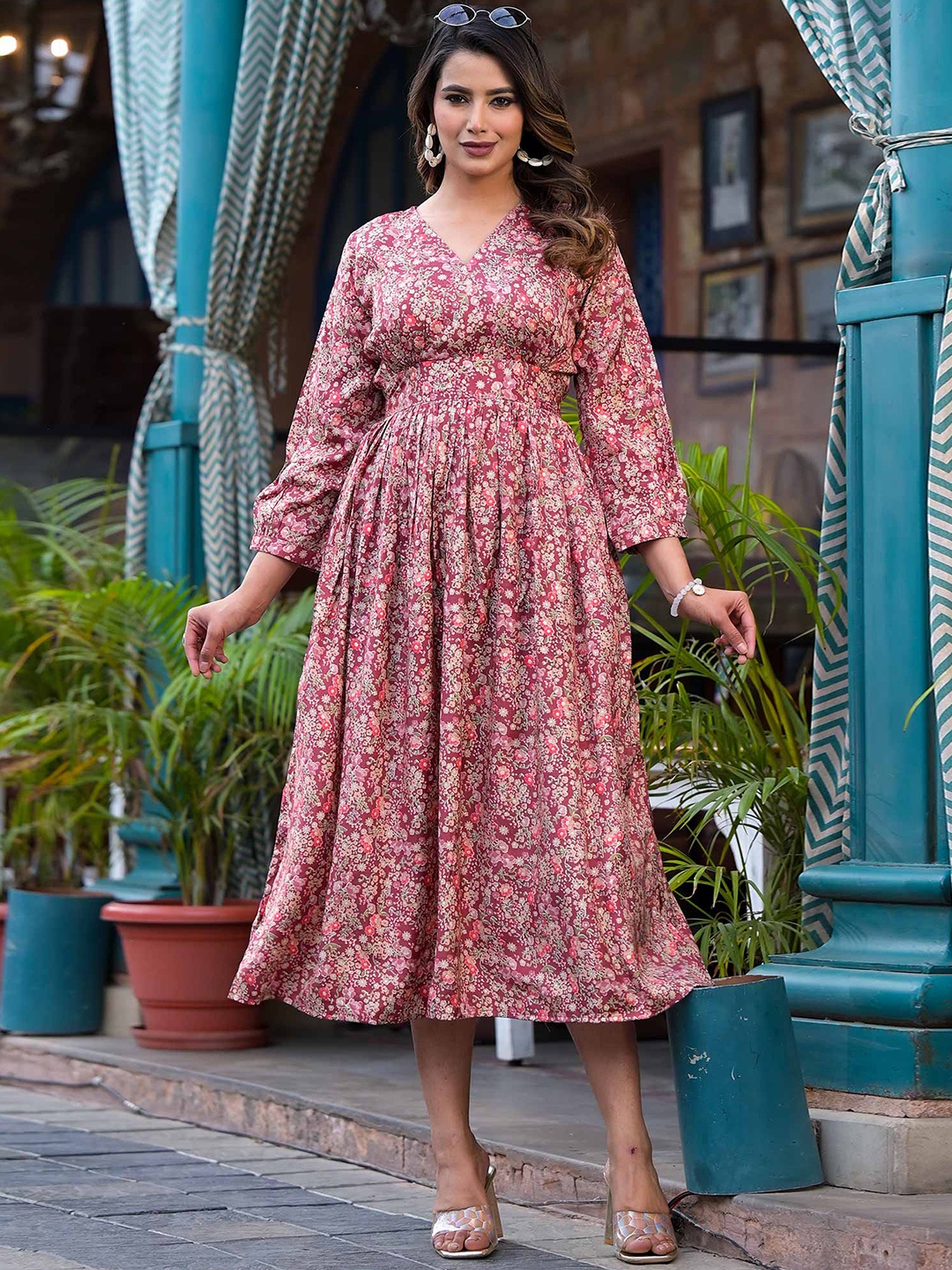 

Peachmode Floral Printed Round Neck Three-Quarter Sleeveless Fit & Flare Midi Cotton Dress, Burgundy