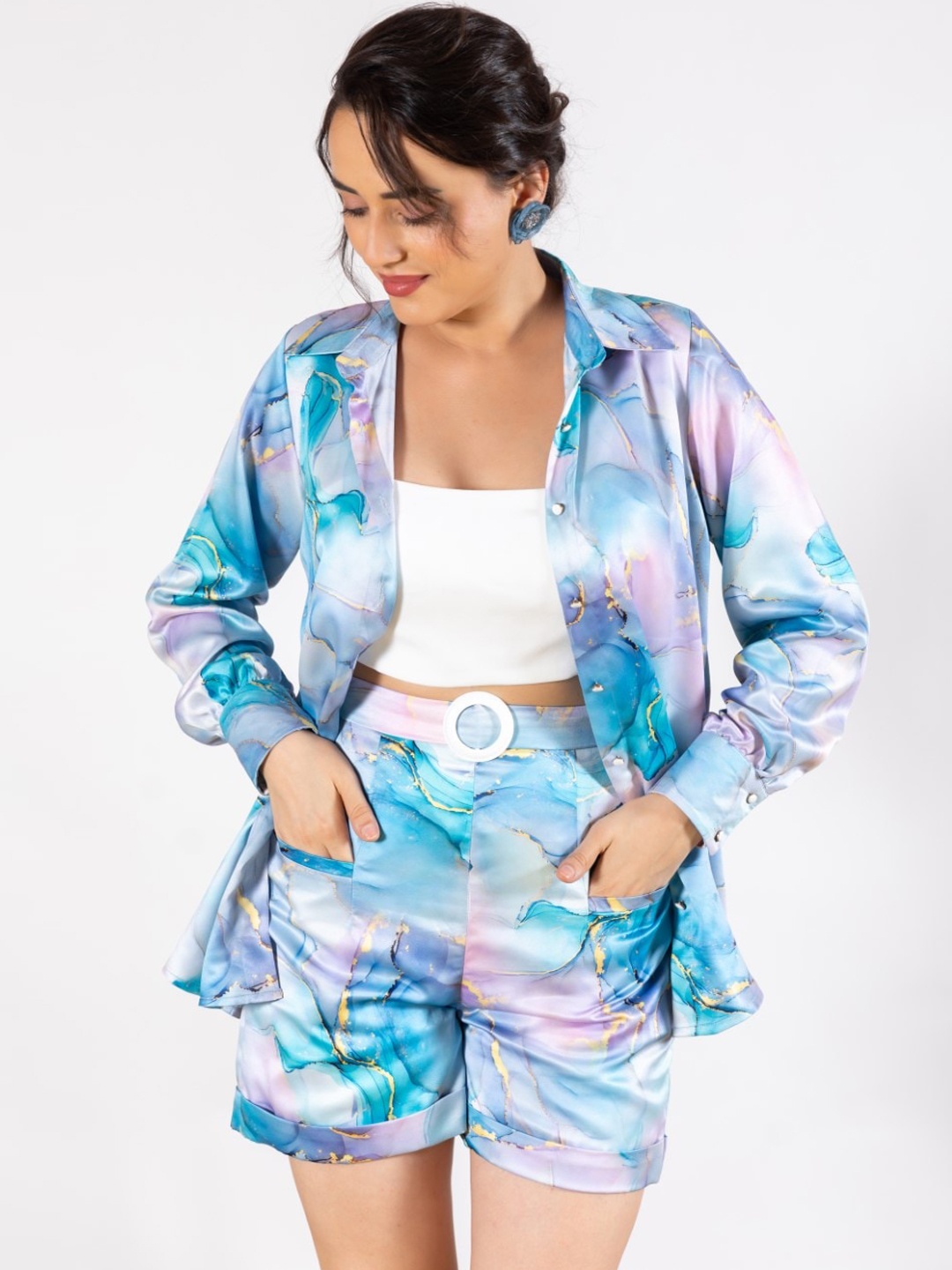 

HOUSE OF MIRA Abstract Printed Top Shirt & Shorts, Blue