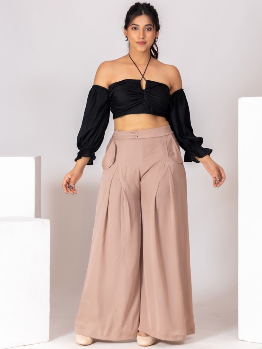 

HOUSE OF MIRA Off Shoulder Tube Top With Box Pleat Palazzos, Black