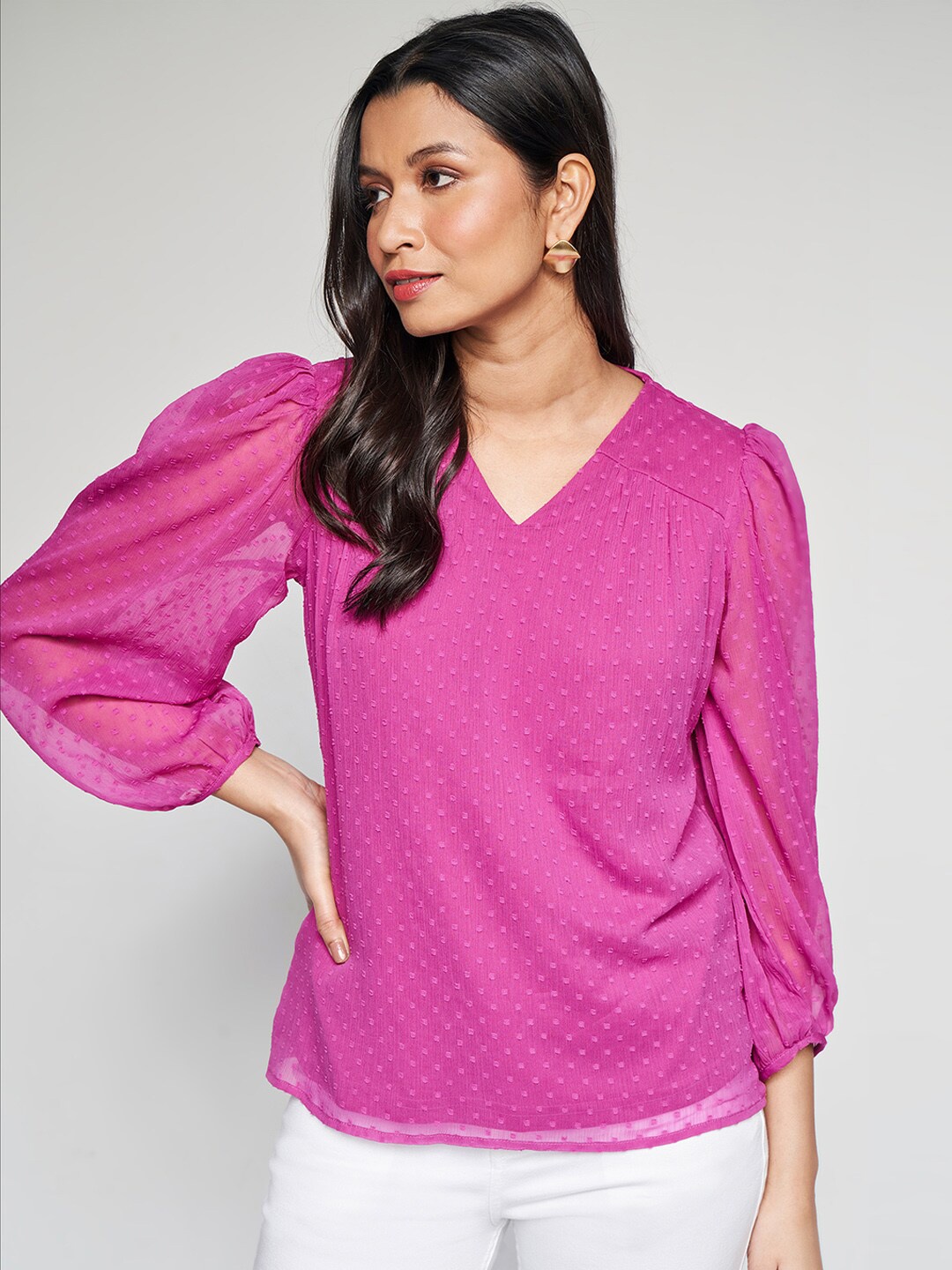 

AND V-Neck Puff Sleeve Top, Pink